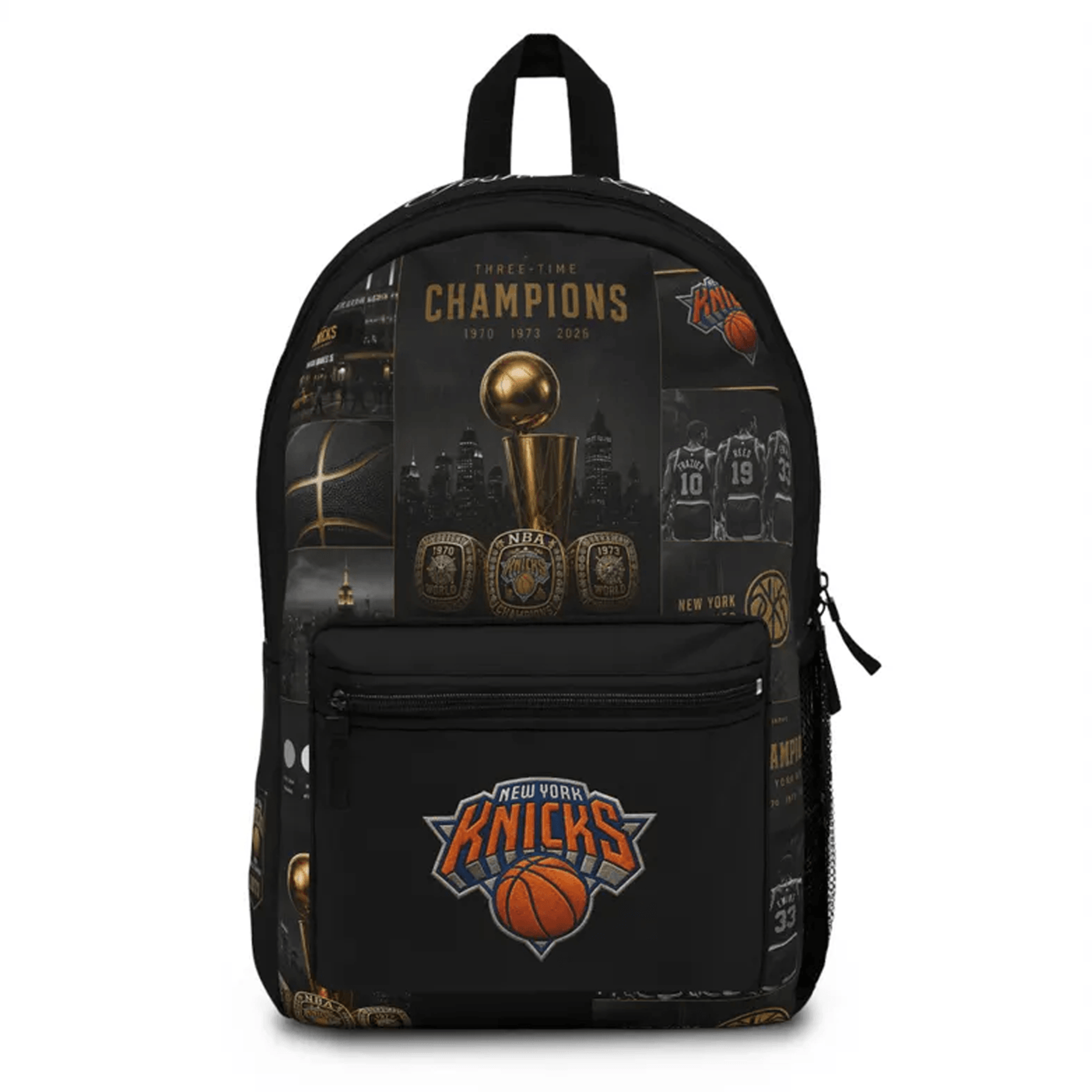 personalized new york knicks champions backpack, custom name basketball school bag, black gold sports gift for fans