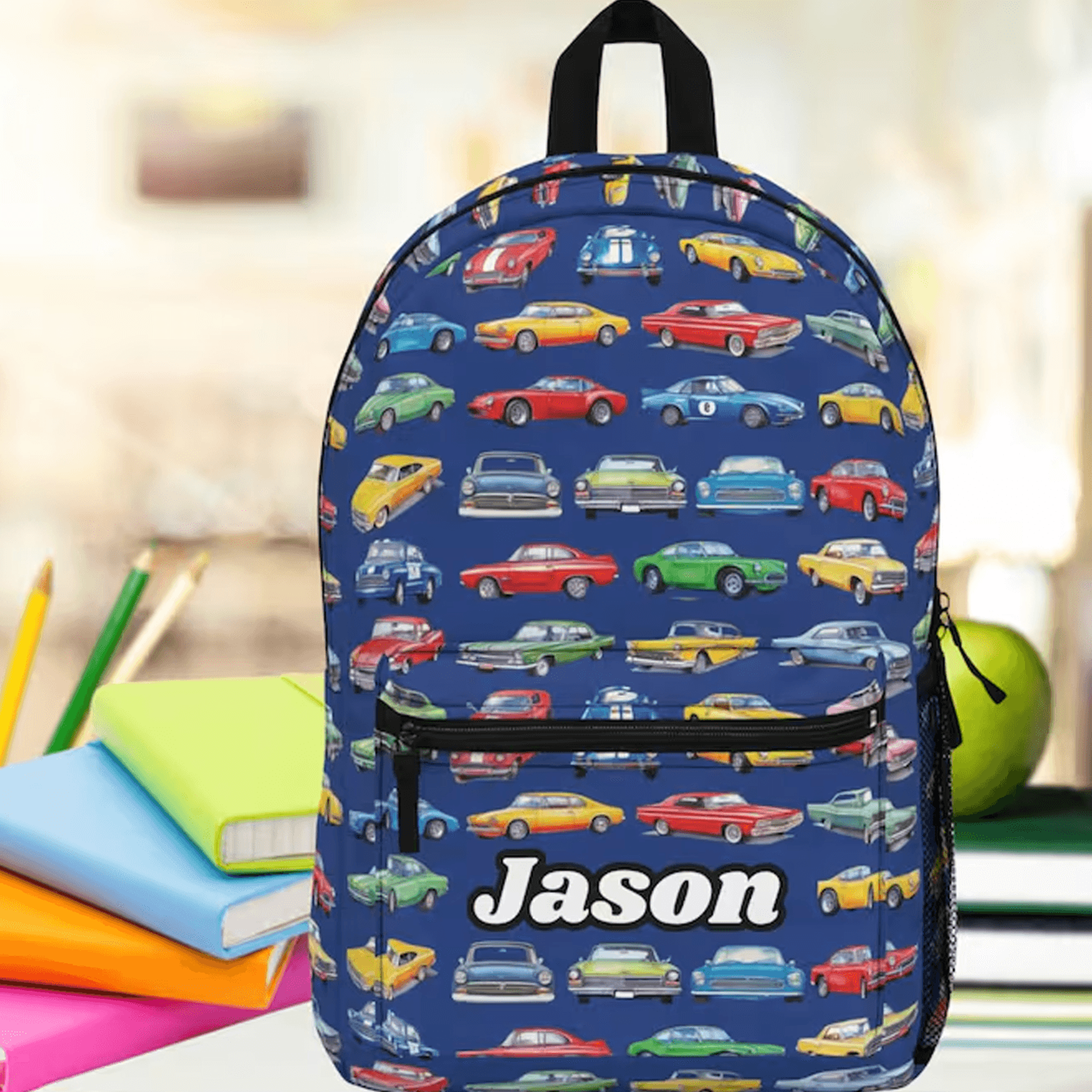 personalized classic car backpack for boys, custom name kids school bag, vintage car backpack, back to school gift