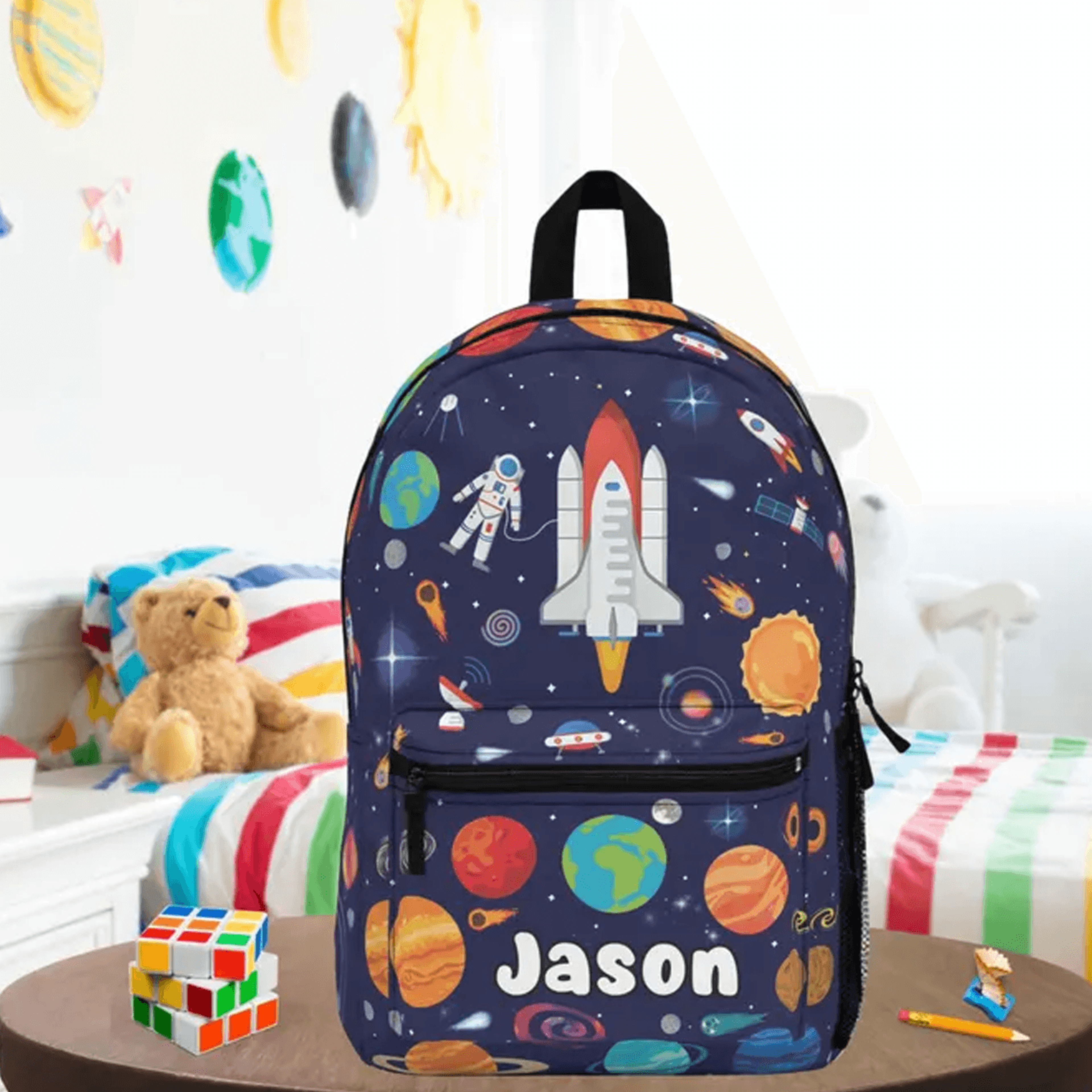 personalized space backpack for kids, custom name galaxy school bag, astronaut planet backpack, back to school gift