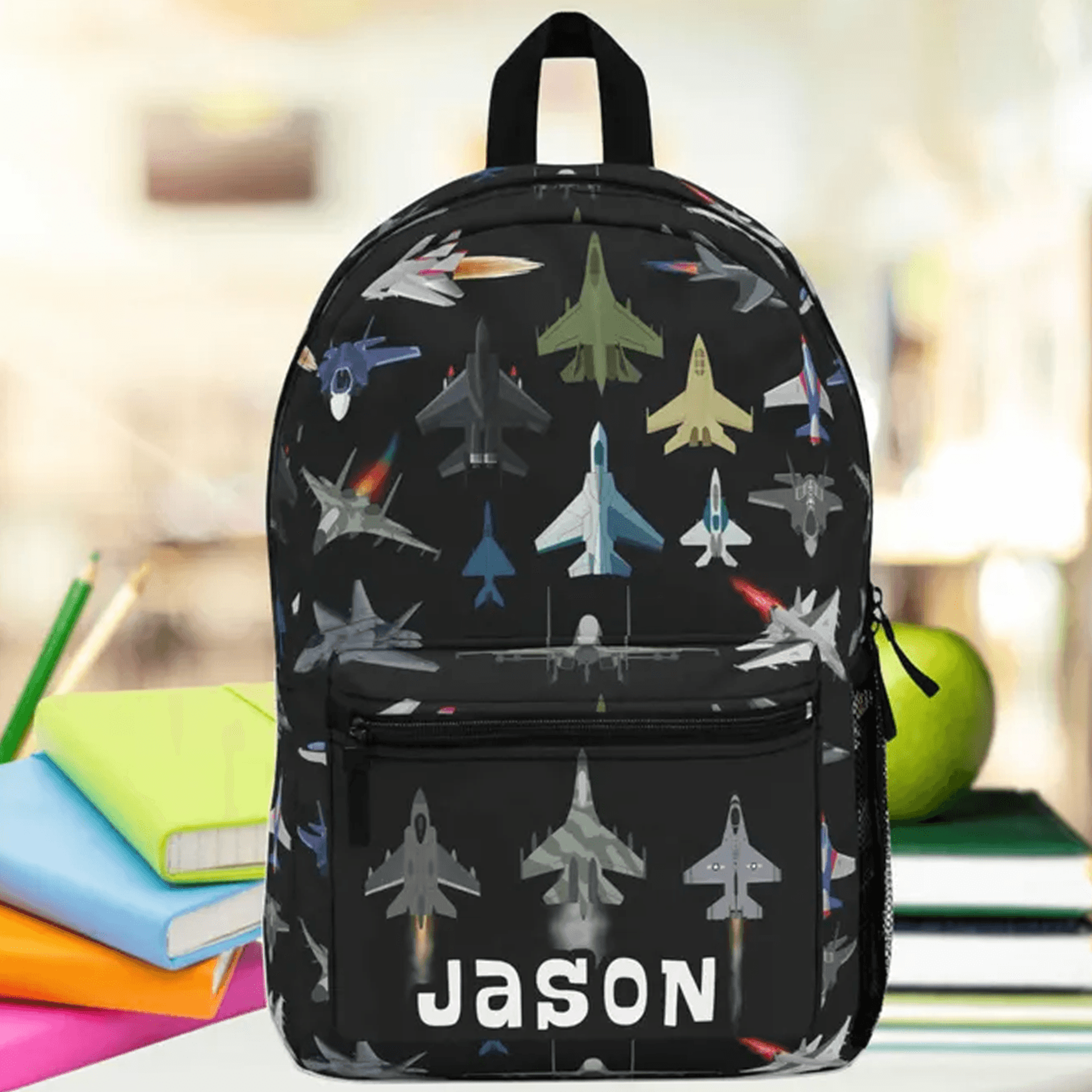 personalized fighter jet backpack for boys, custom name aviation school bag, military plane backpack, pilot gift for kid