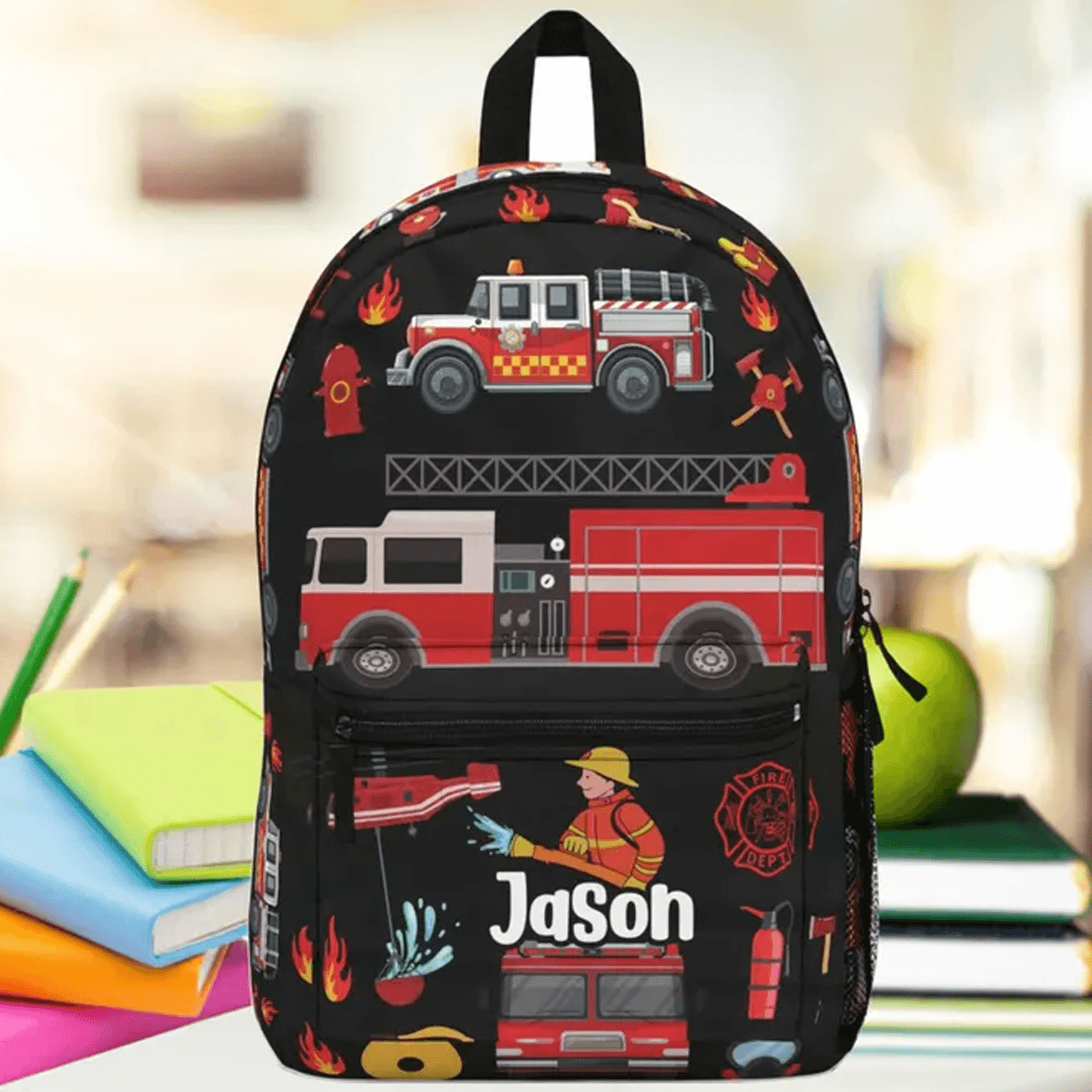 personalized fire truck backpack for kids, custom name firefighter school bag, boys preschool backpack, back to school g