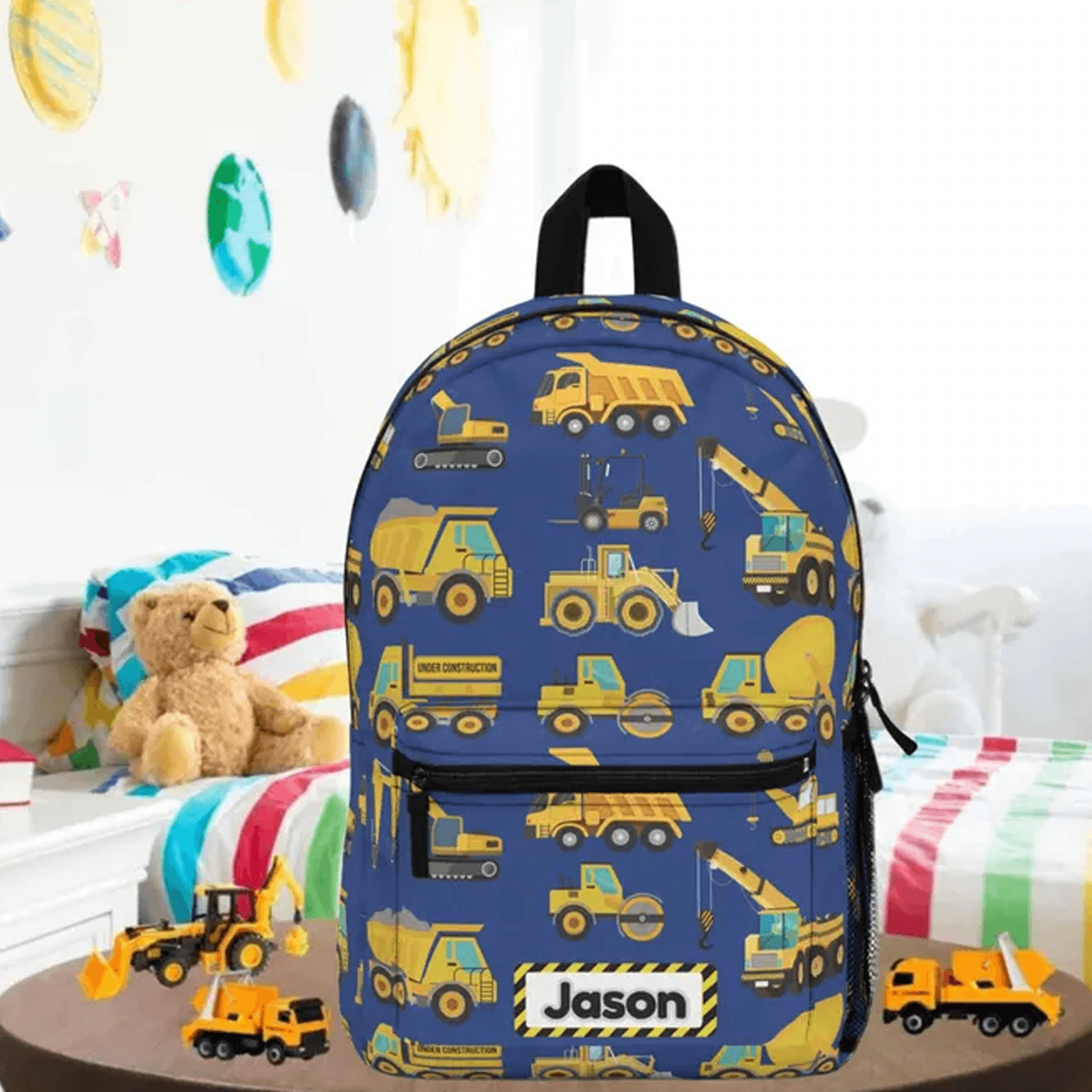 personalized construction backpack for kids, custom name dump truck school bag, boys construction back to school gift