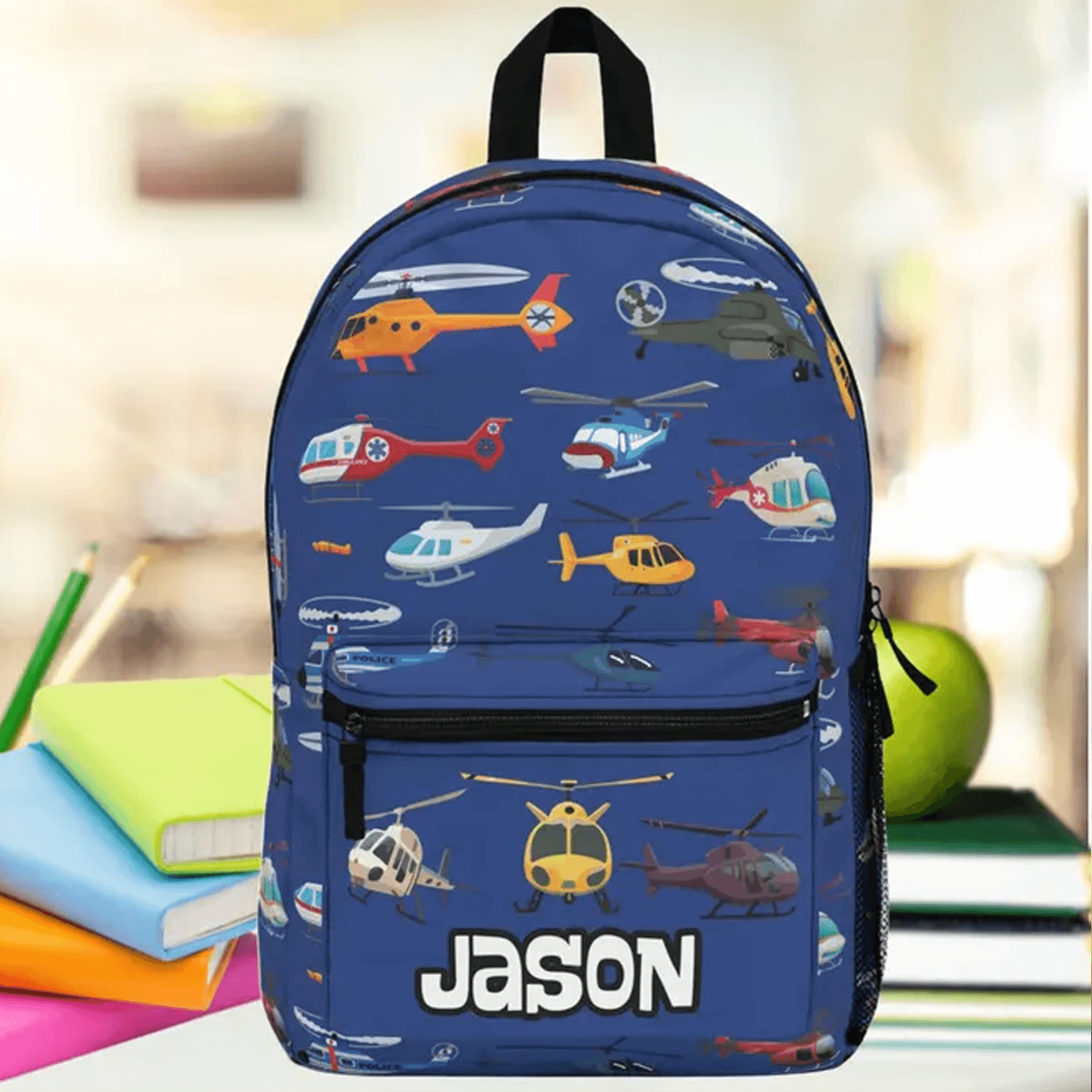 personalized helicopter backpack for boys, custom name kids school bag, aviation bookbag, pilot back to school gift
