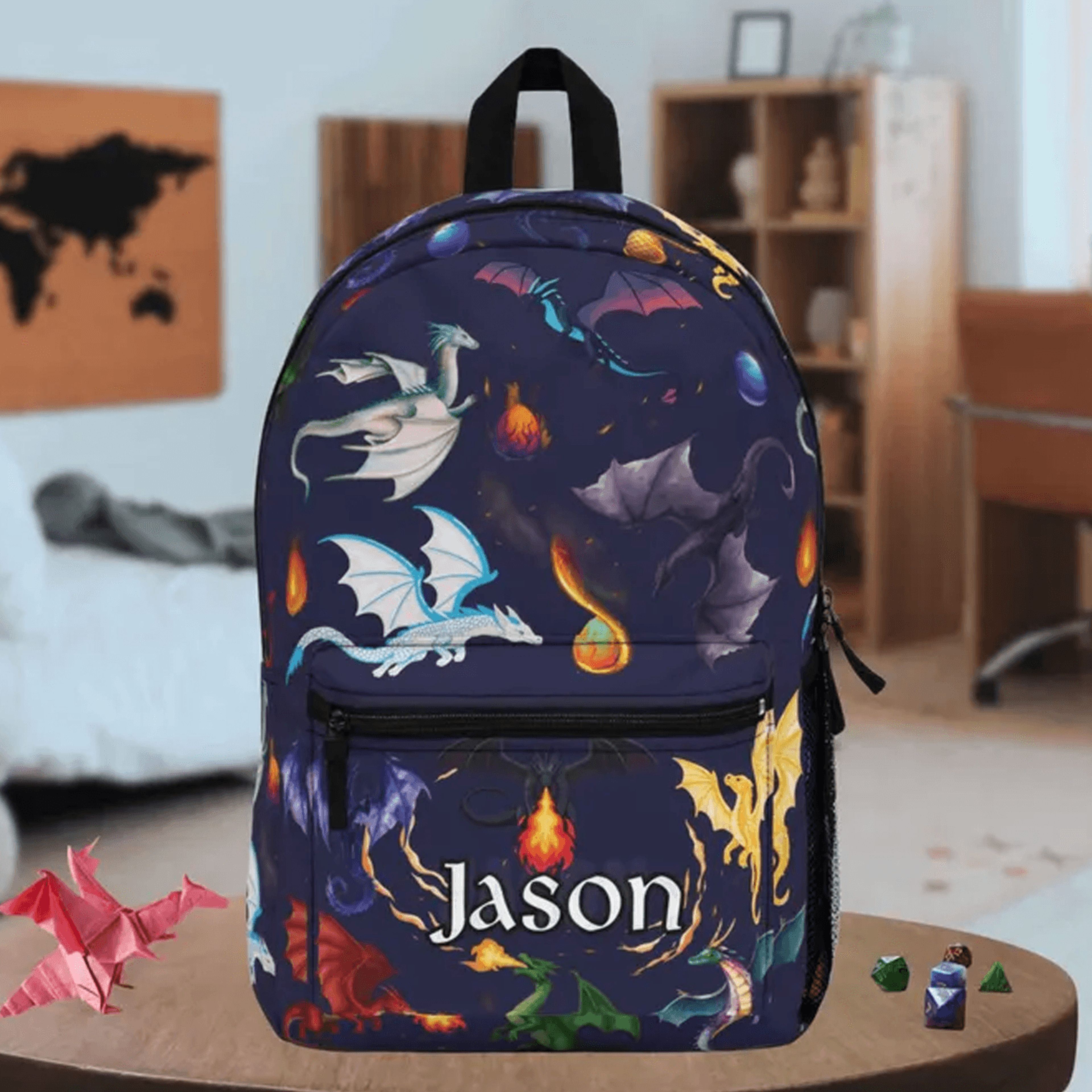 personalized dragon backpack for kids, custom name fantasy school bag, boys dragon bookbag, back to school gift