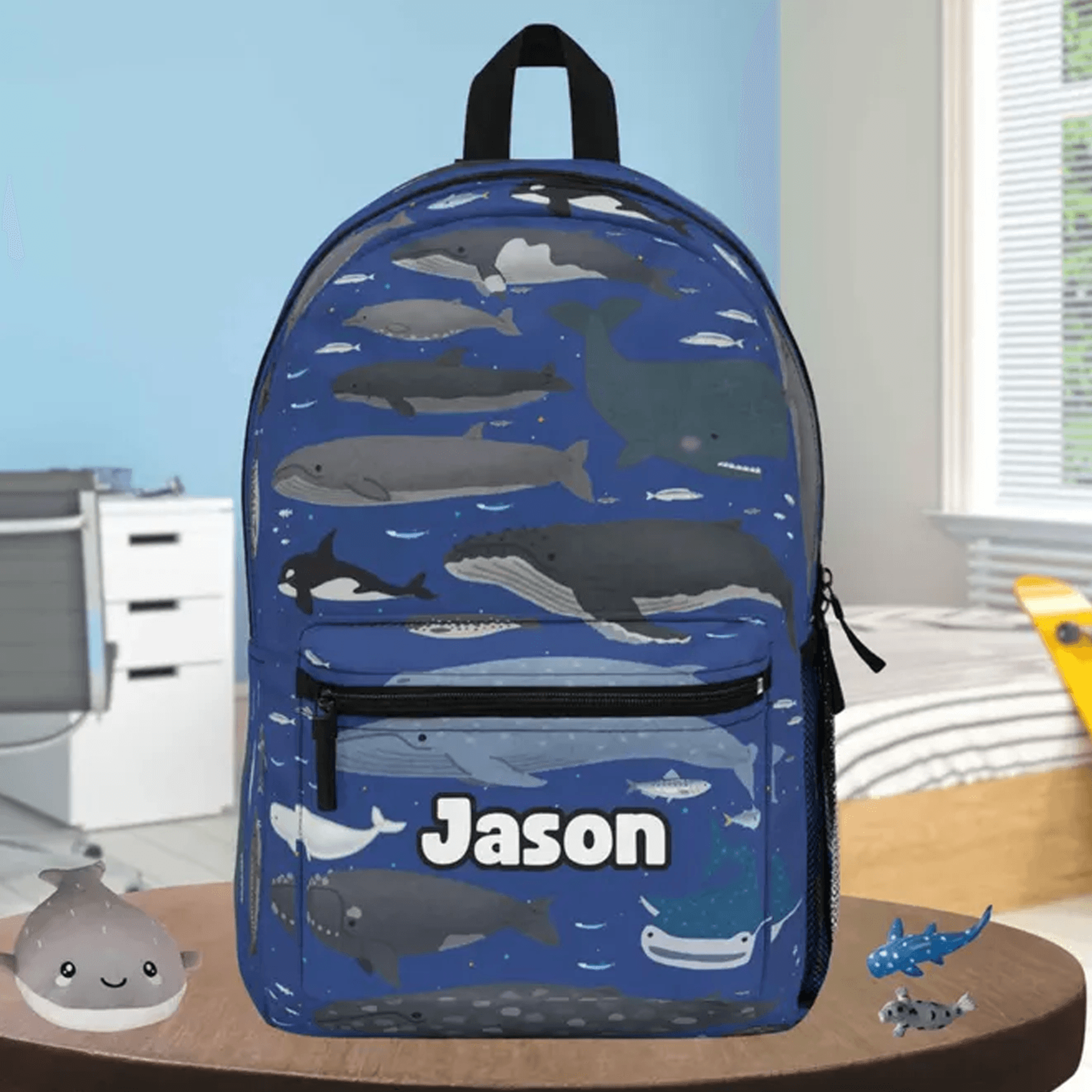personalized whale backpack for kids, custom name sea life school bag, ocean animal bookbag, back to school gift