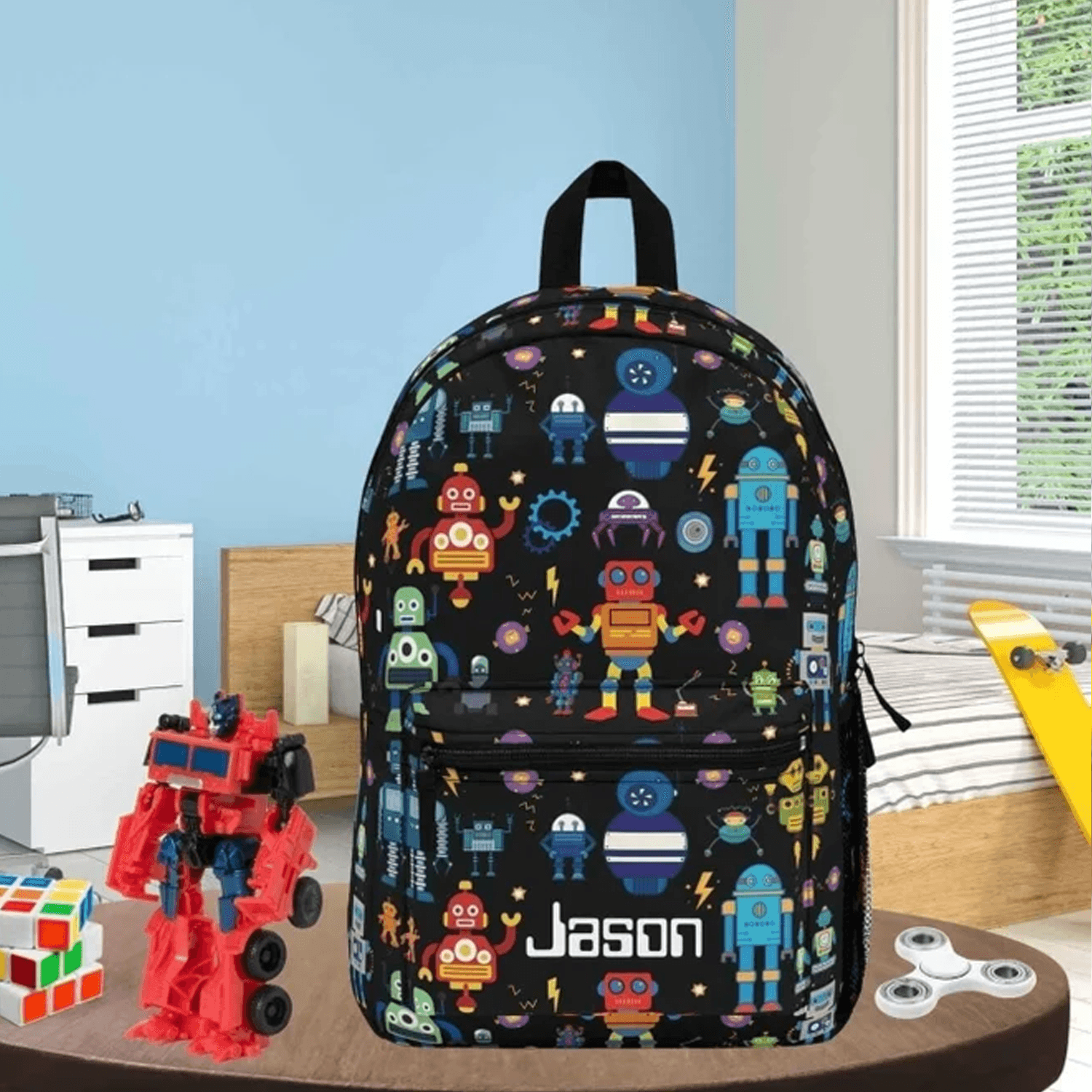 personalized robot backpack for boys, custom name kids school bag, waterproof robot bookbag, back to school gift