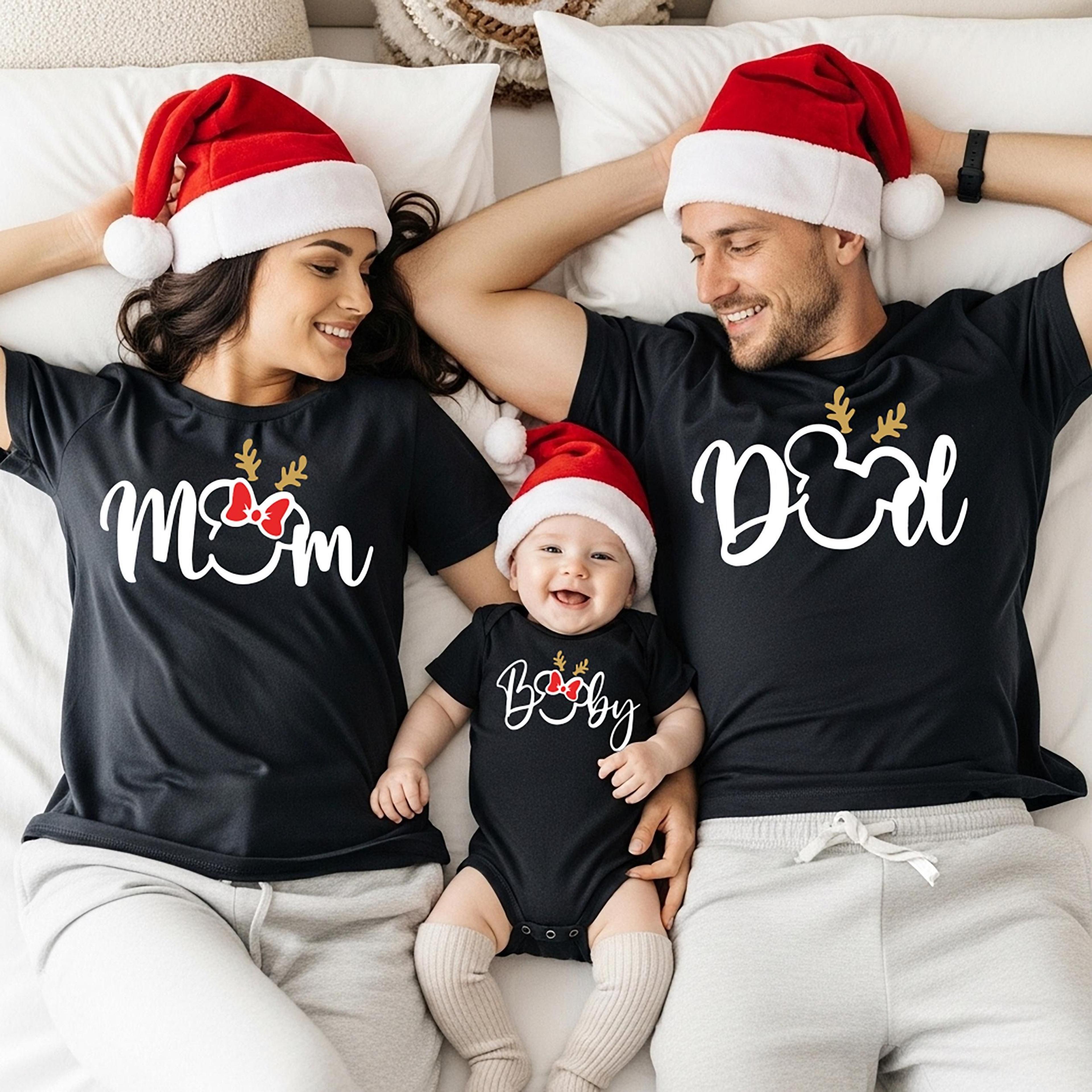 family christmas matching shirts mom dad baby set, baby romper kids tee xmas outfit reindeer holiday gift