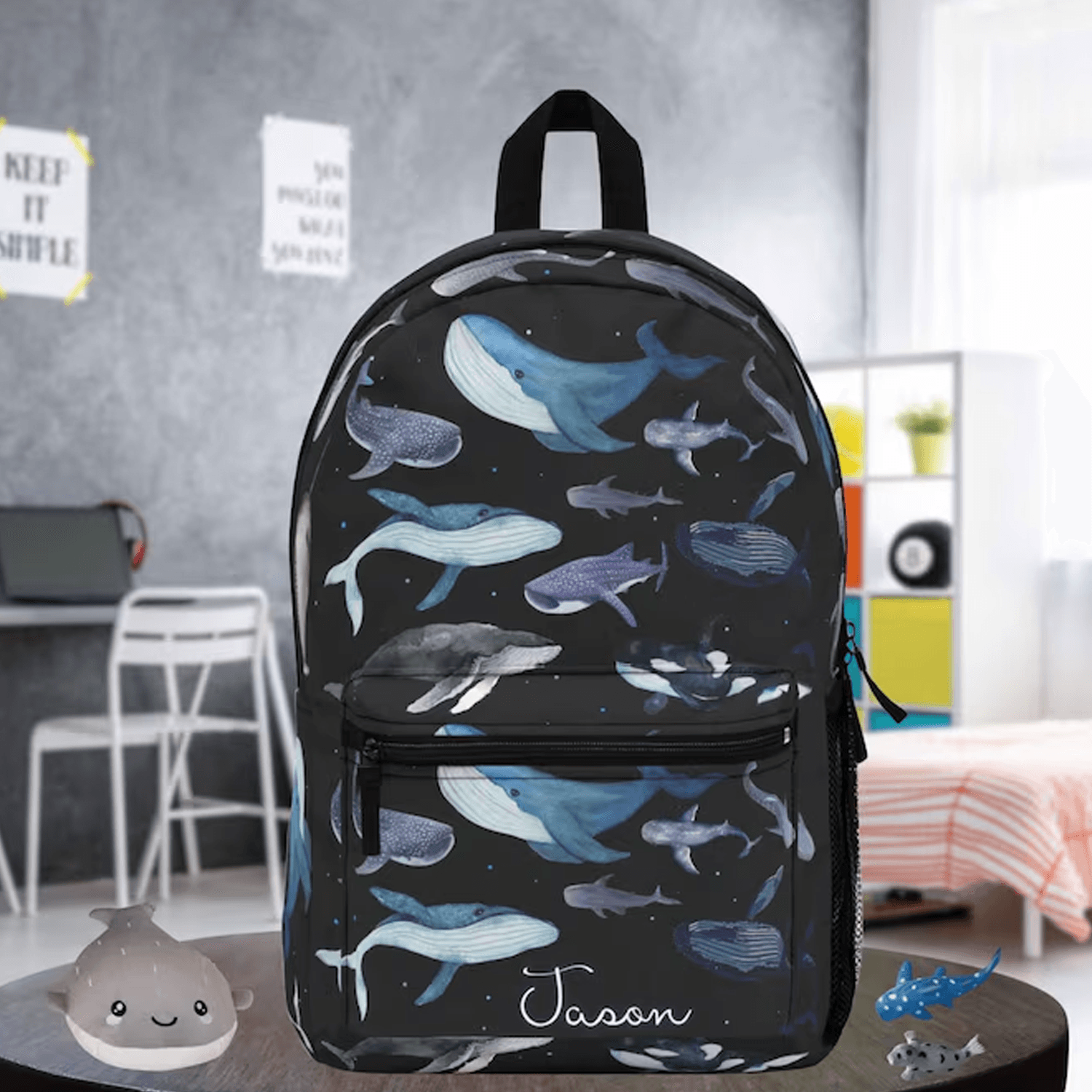 personalized orca whale backpack for kids, custom name sea life school bag, waterproof ocean animal bookbag gift