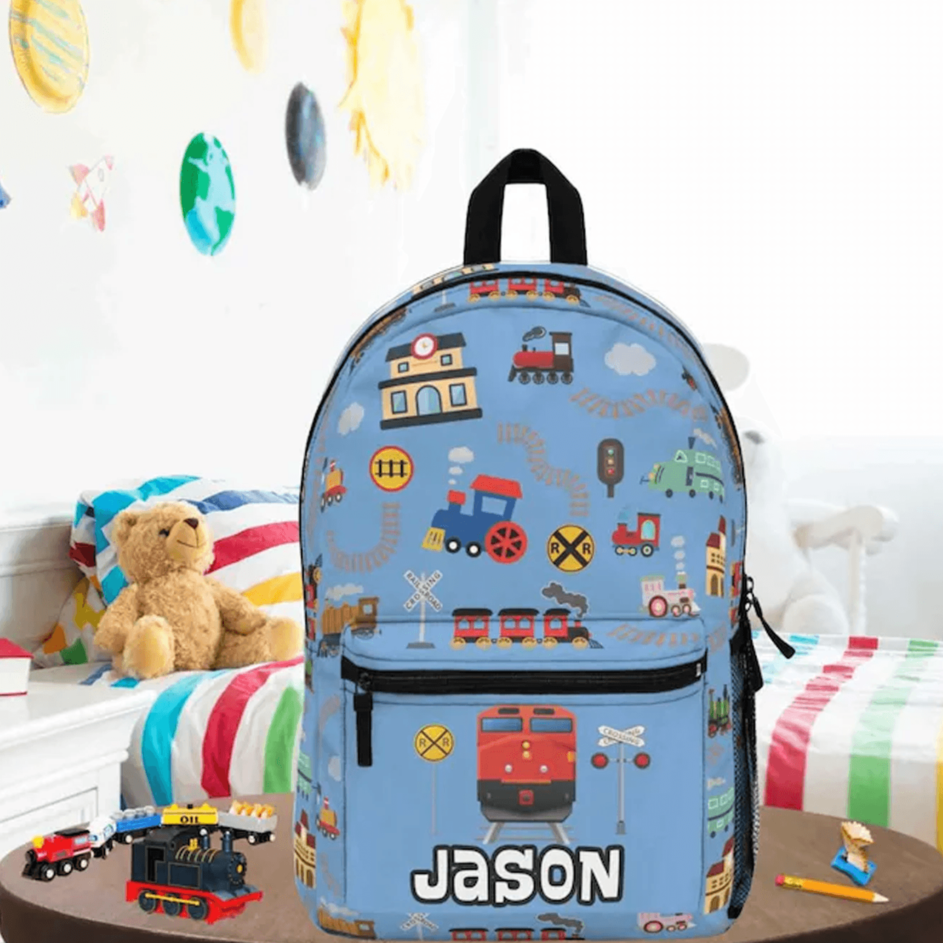 personalized steam train backpack for boys, custom name kids school bag, locomotive railroad bookbag, train lover gift