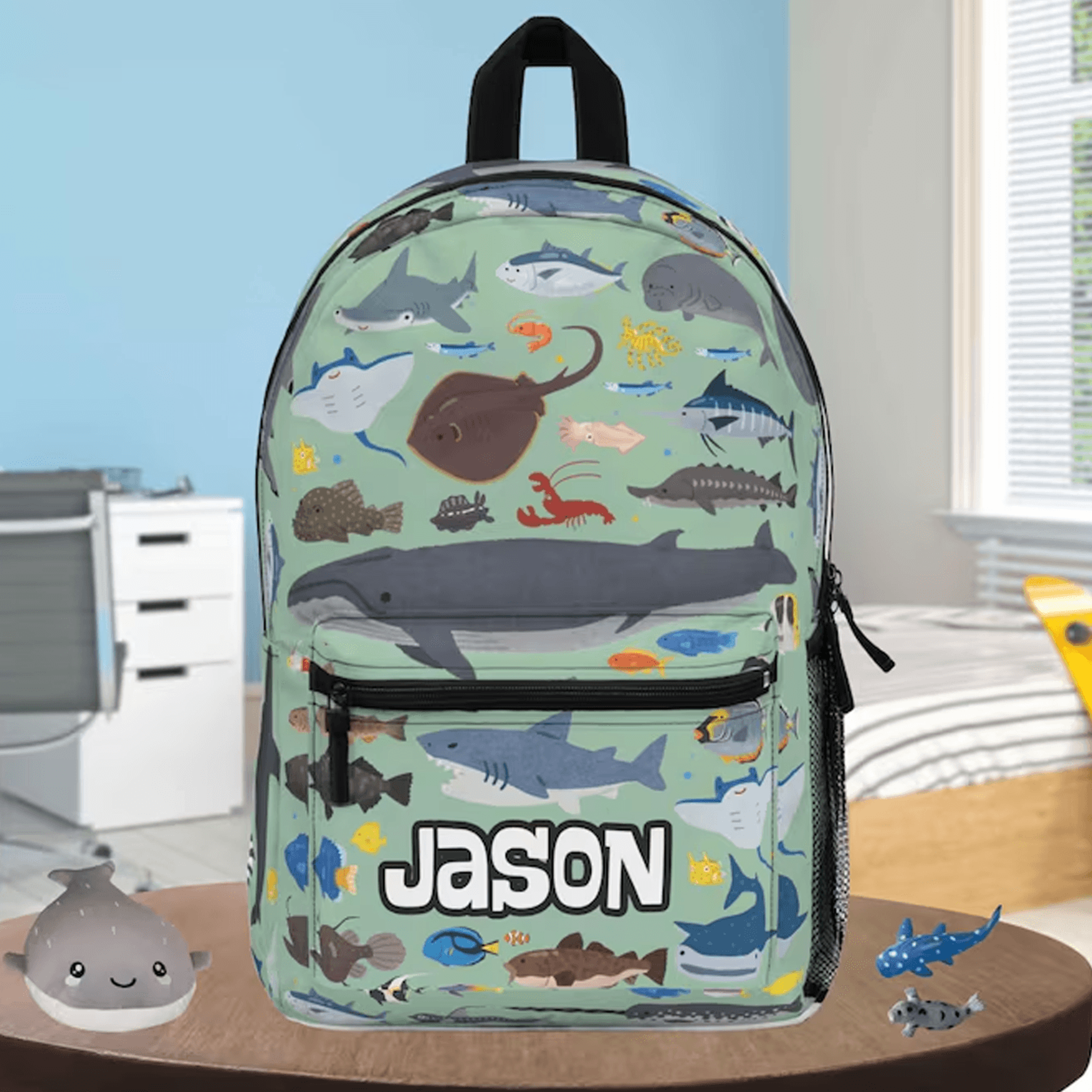 personalized sea animal backpack for kids, custom name ocean school bag, marine life bookbag, back to school gift