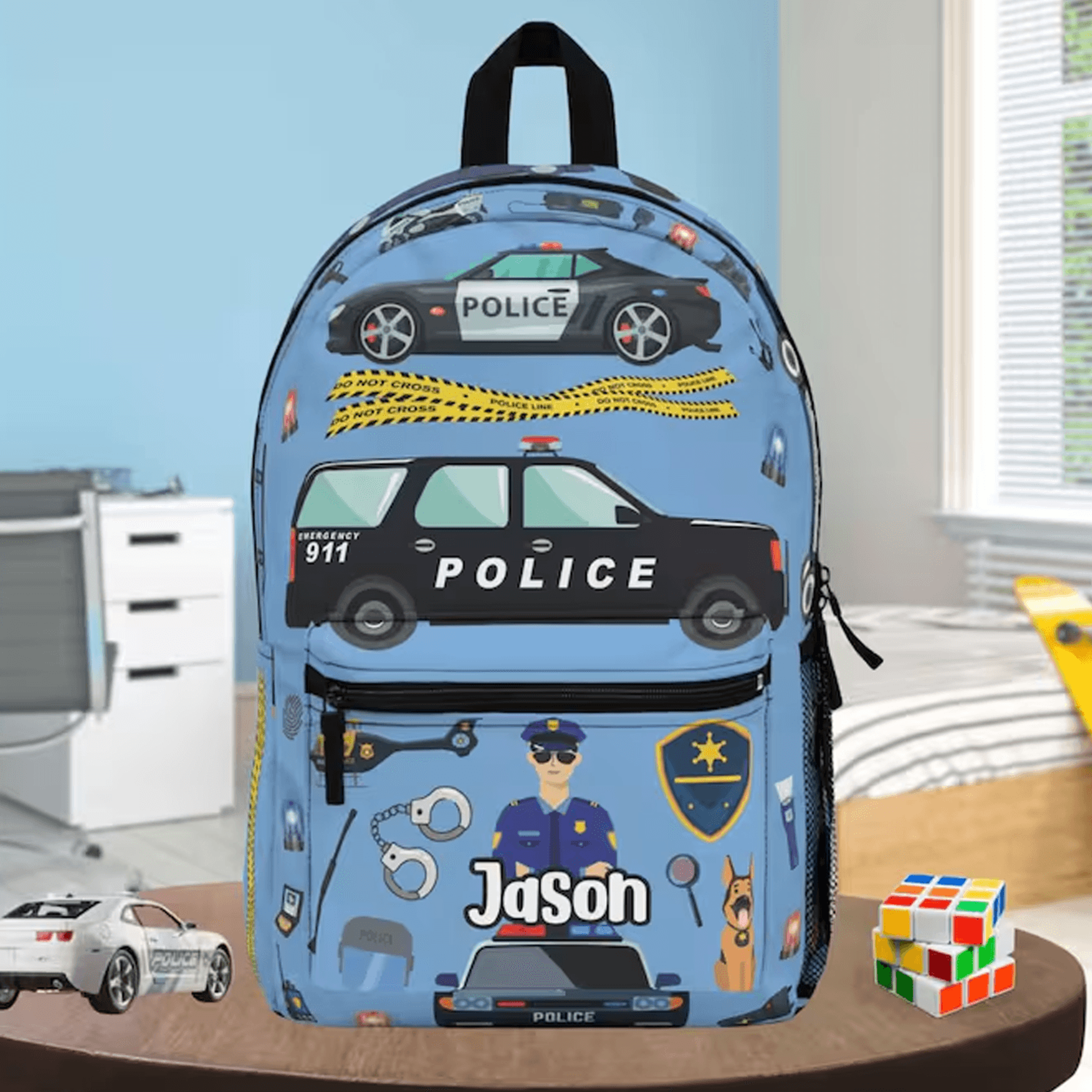 personalized police backpack for kids, custom name police car school bag, boys bookbag, back to school police officer gi