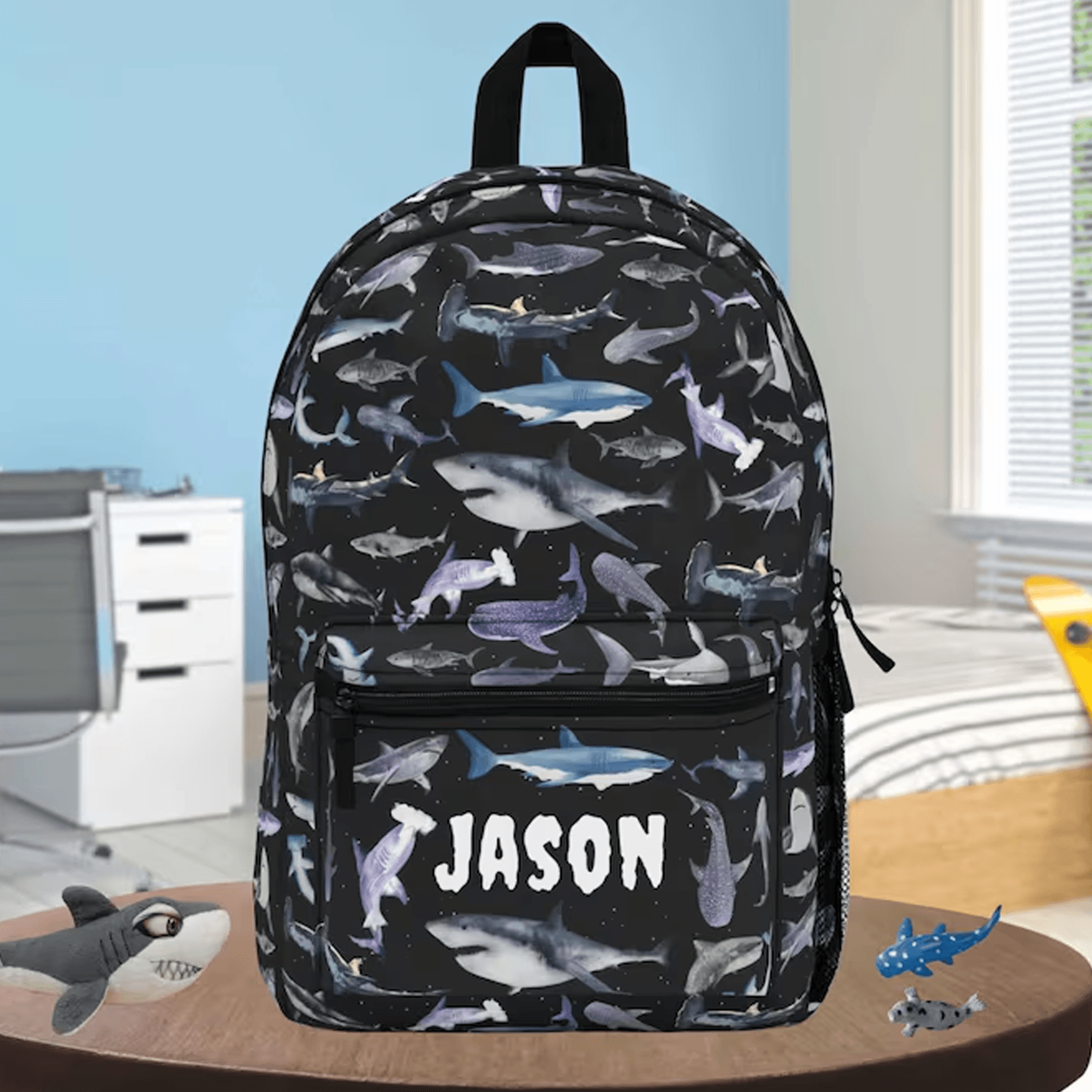 personalized shark backpack for kids, custom name sea life school bag, 17 inch ocean bookbag, back to school gift
