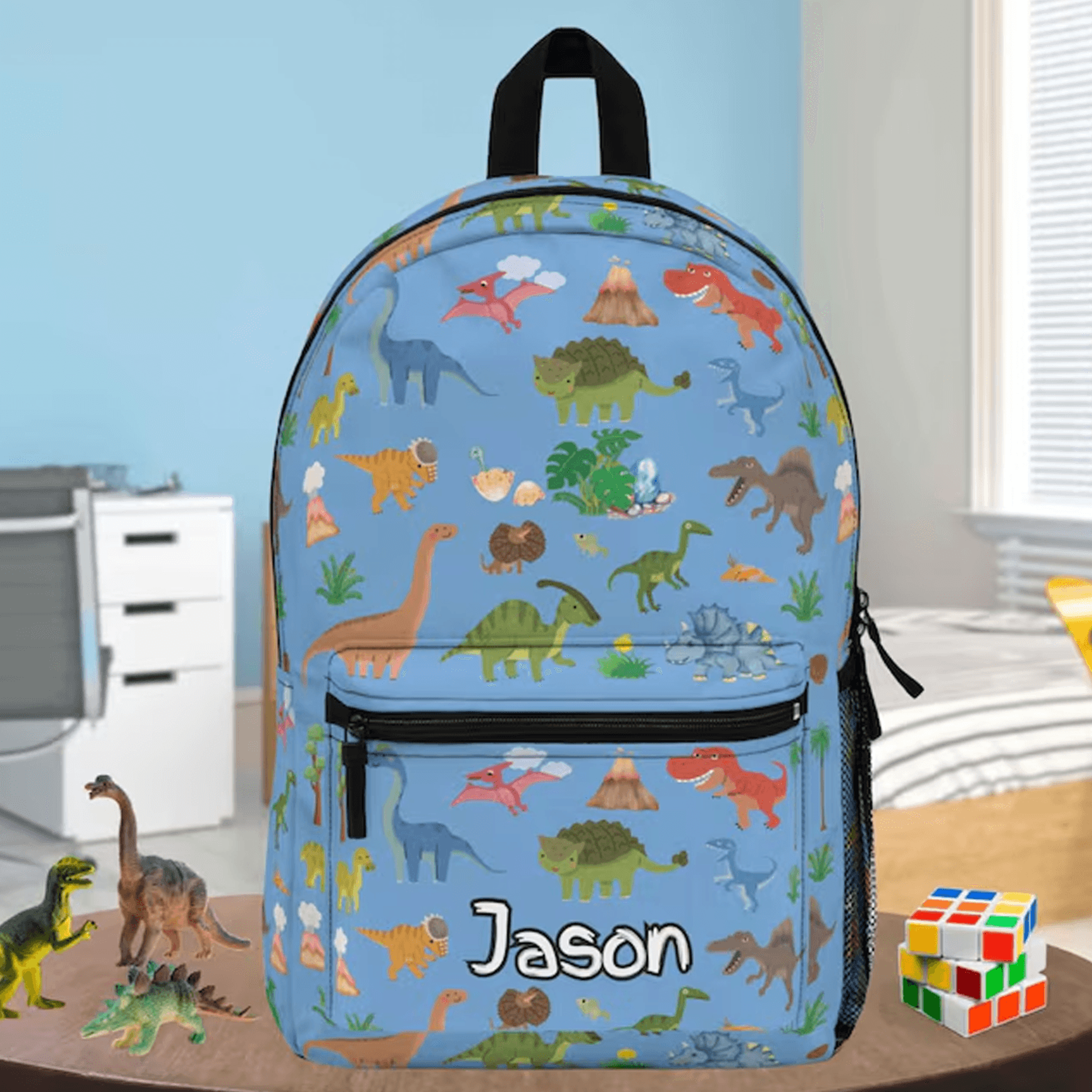 personalized dinosaur backpack for kids, custom name dino school bag, t rex bookbag for boys, back to school gift