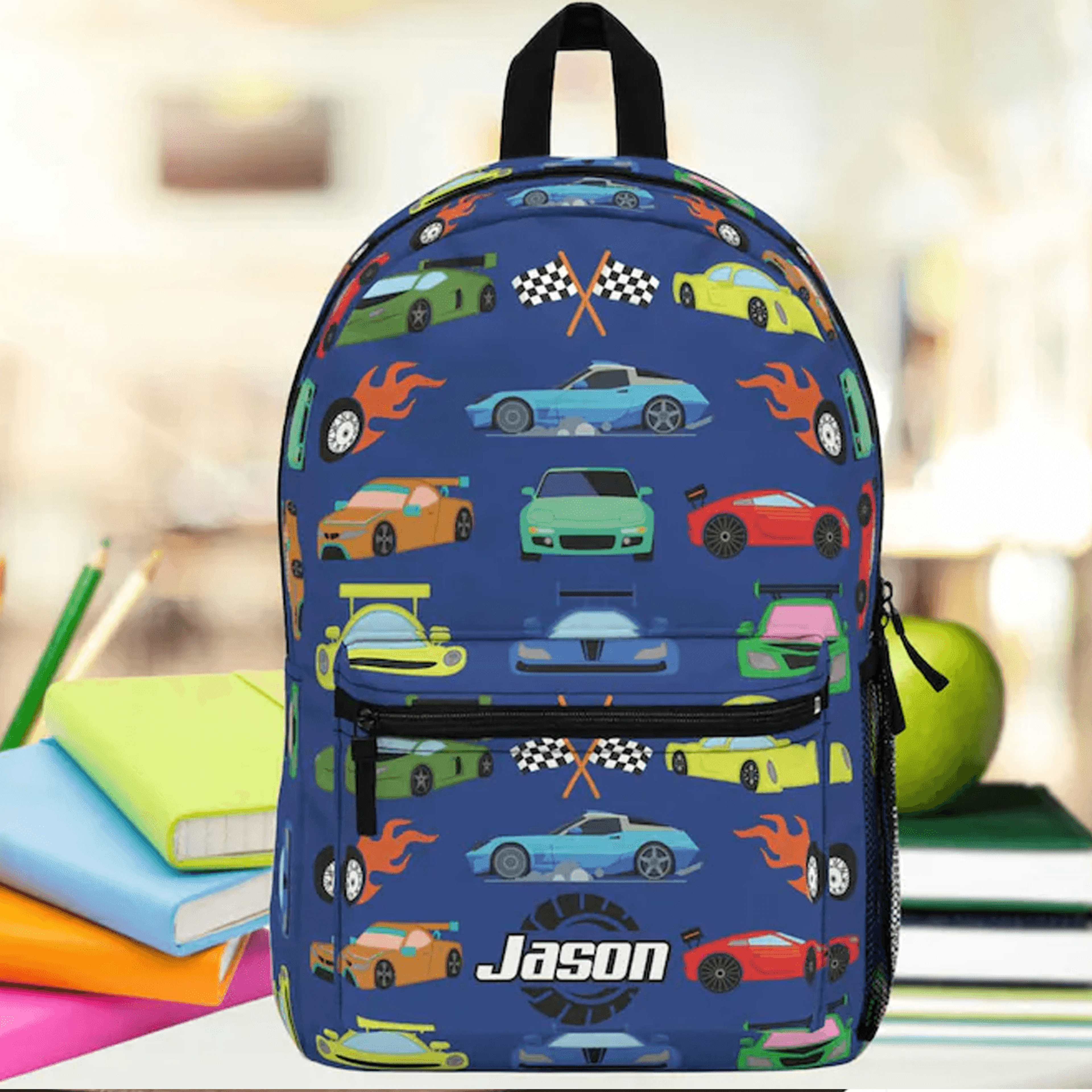 personalized race car backpack for boys, custom name kids school bag, racing car bookbag, back to school gift for kids