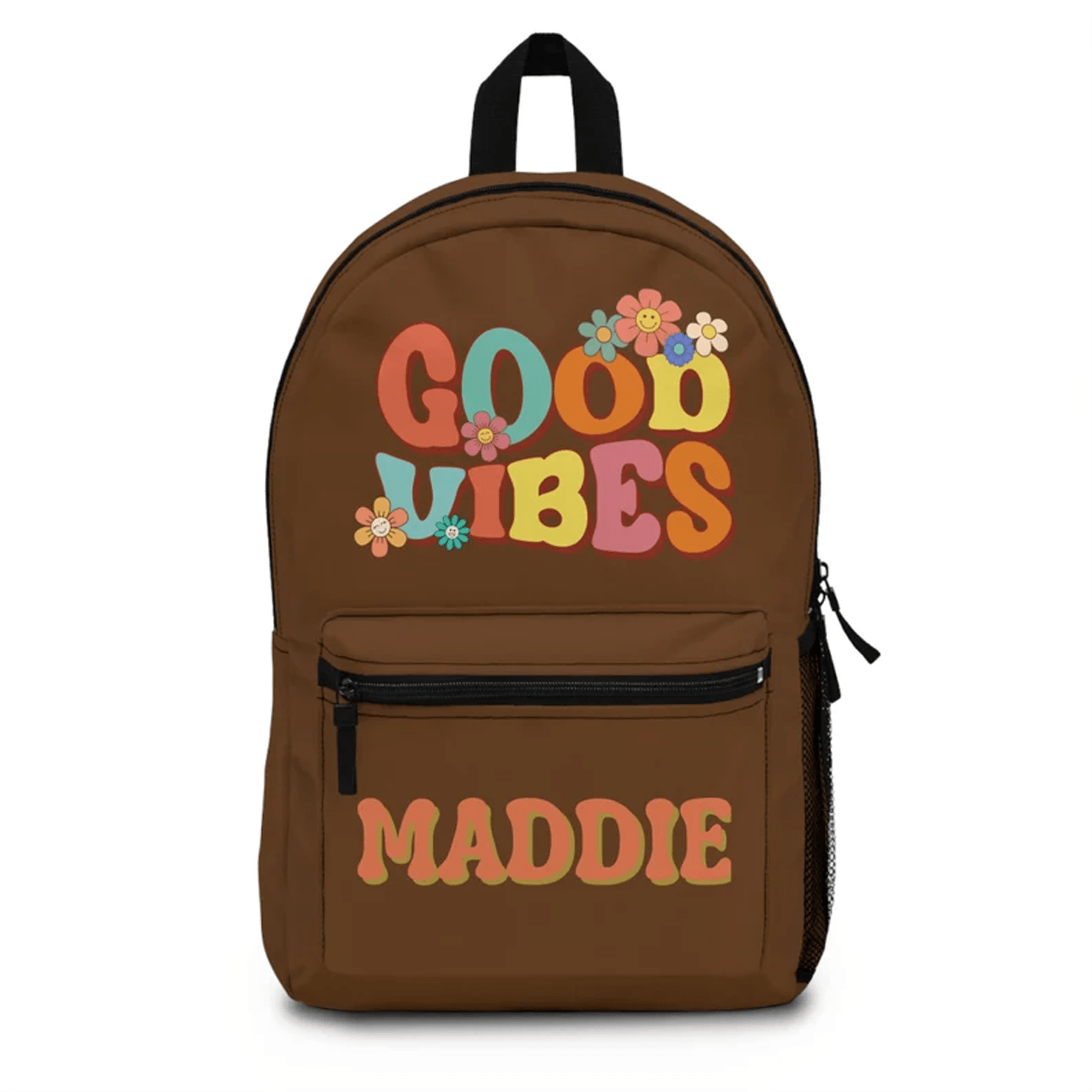 groovy kids school backpack with custom name, retro good vibes bookbag, colorful boho bag, personalized gift for kids