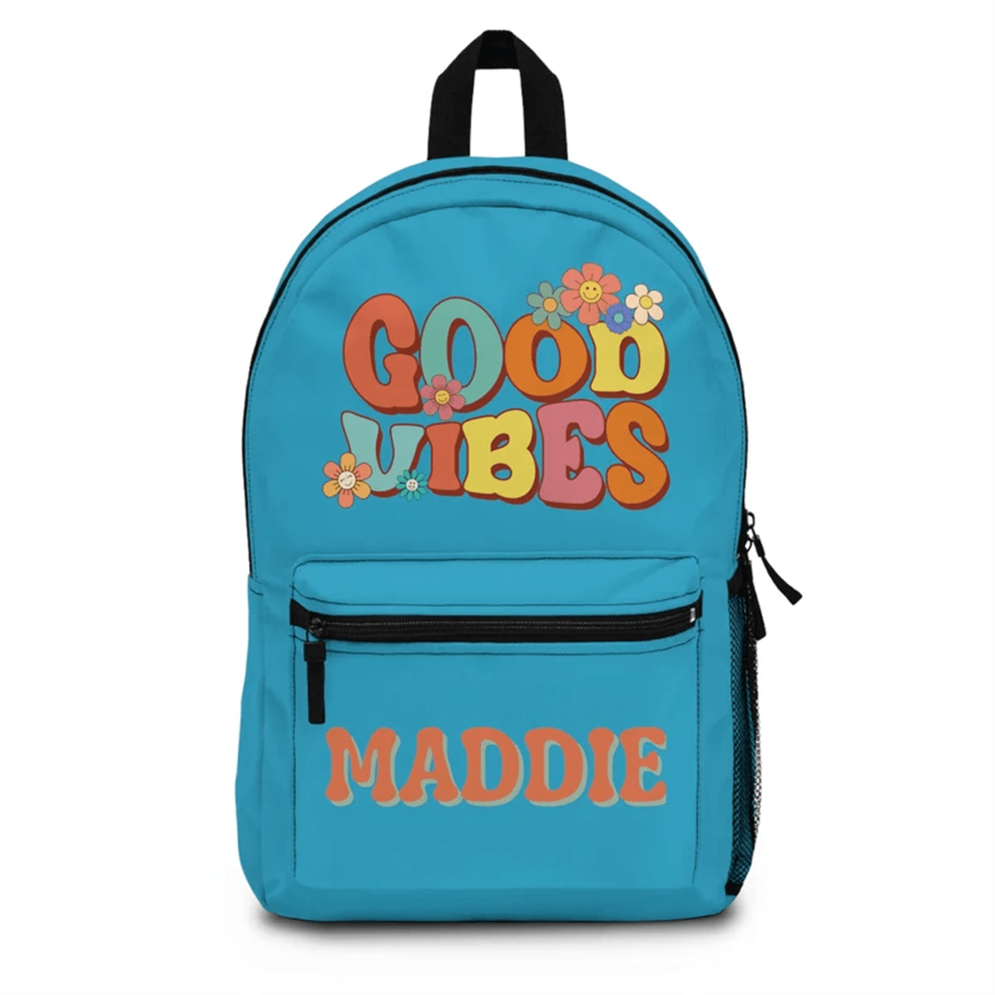 custom name good vibes backpack, groovy retro kids school bag, colorful boho bookbag, personalized back to school gift