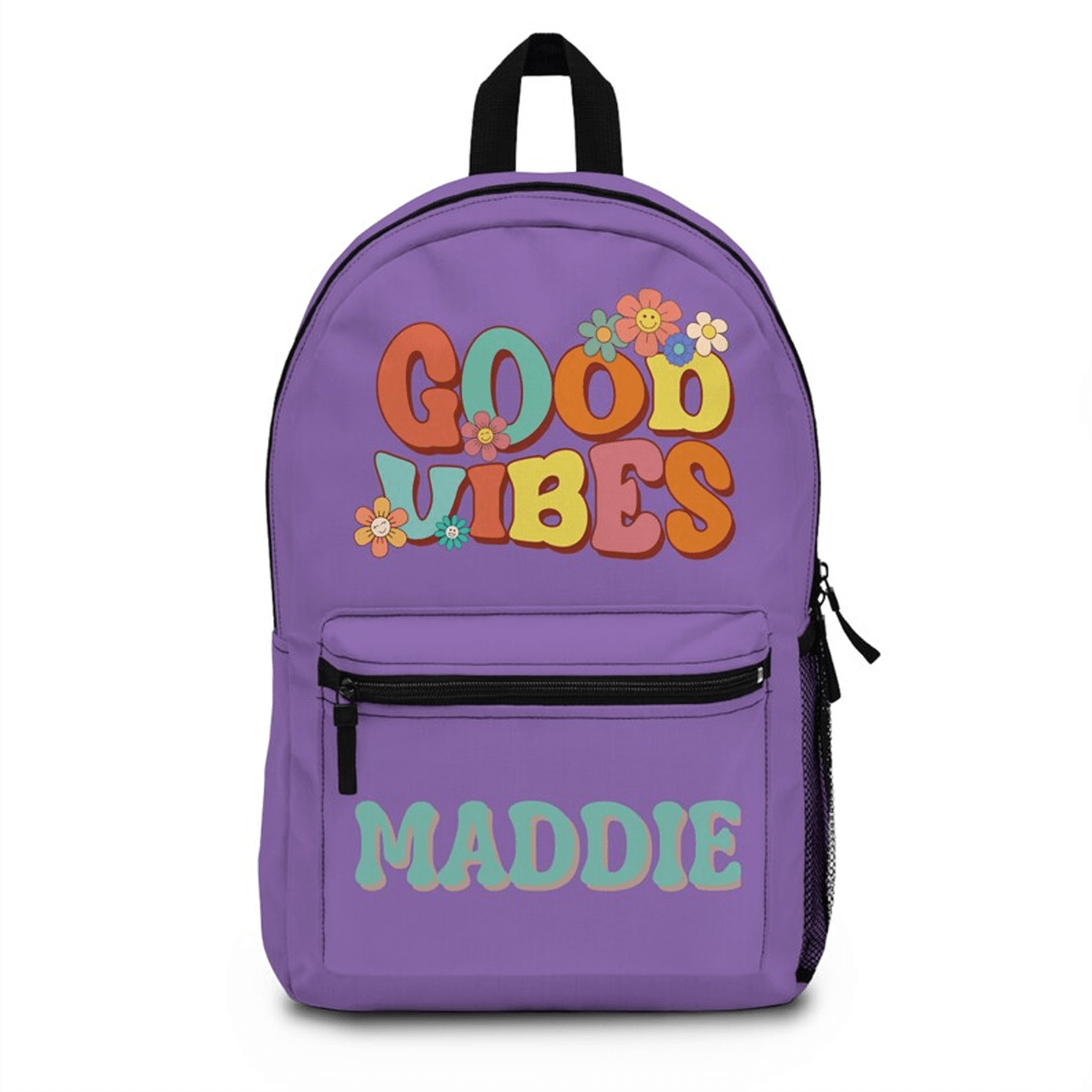 groovy custom name backpack for kids, retro good vibes school bookbag, colorful boho bag, unique back to school gift