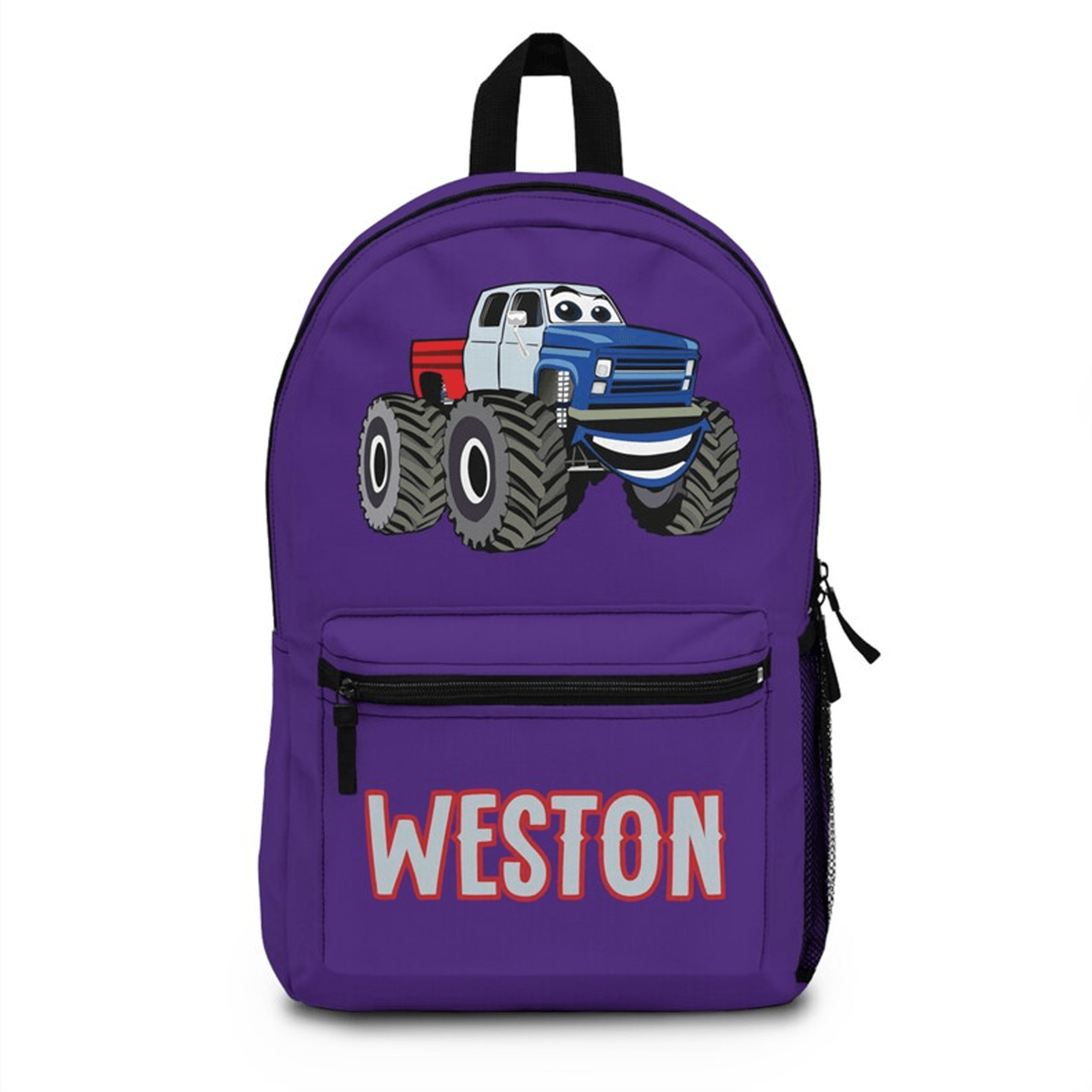 monster truck school backpack for boys, personalized name kids bookbag, custom big wheel truck bag, birthday gift