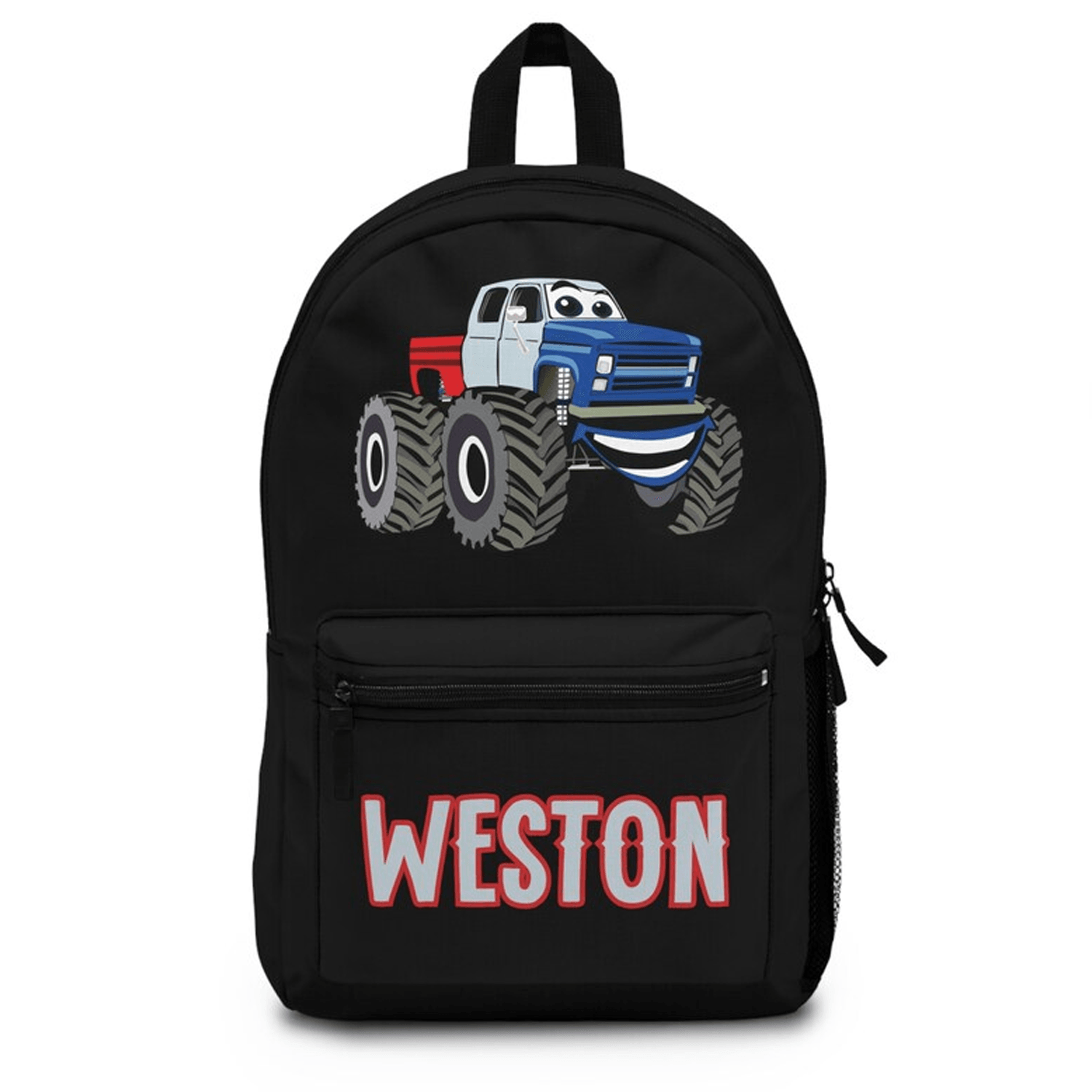 custom monster truck bookbag for kids, personalized name school backpack, big wheel truck bag, boys birthday gift