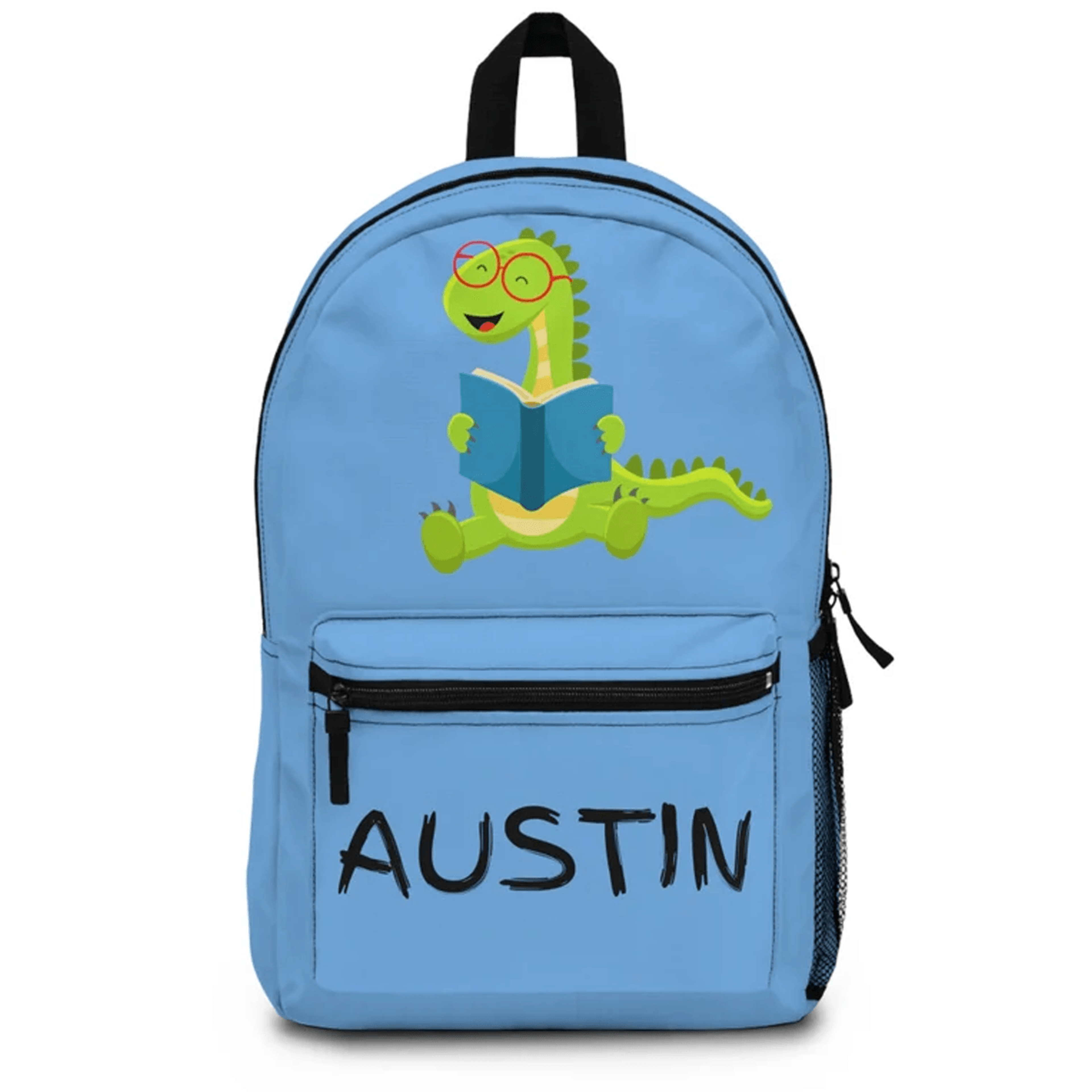 bookworm dinosaur backpack for kids, personalized name light blue school bag, reading dino bookbag, back to school gift