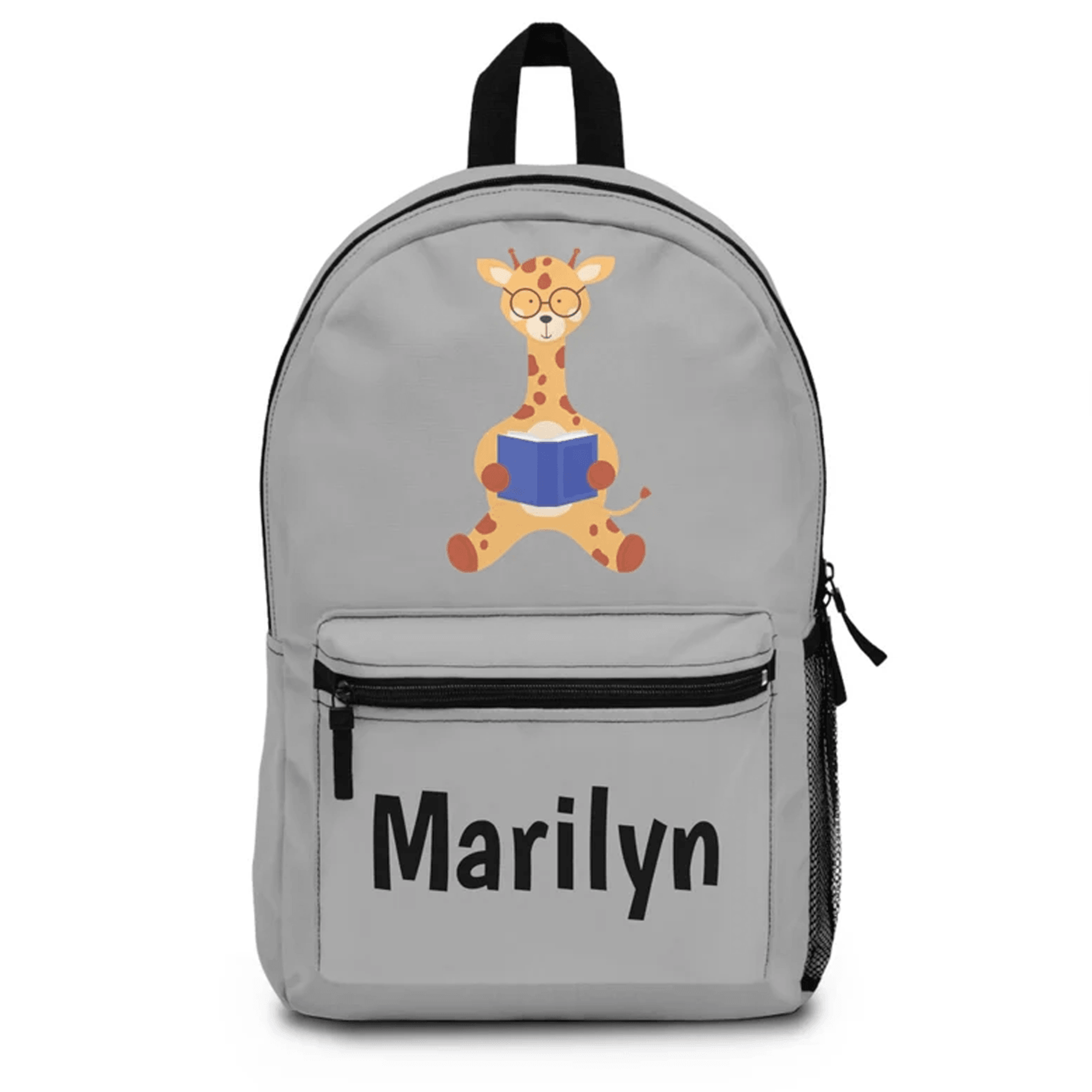 book lover giraffe backpack for kids, personalized name school bag, cute reading animal bookbag, young reader gift