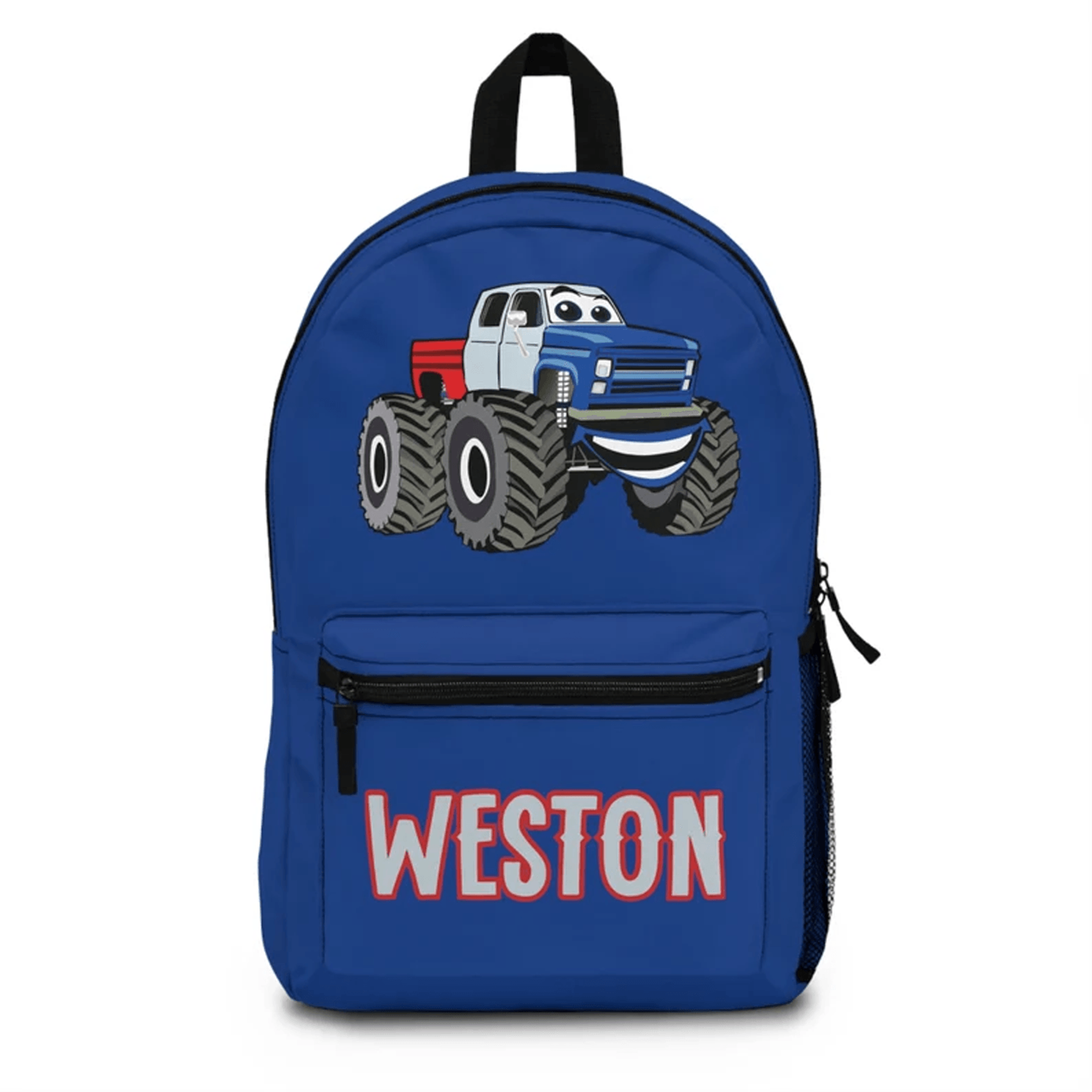 personalized monster truck backpack for kids, custom name school bookbag, boys preschool bag, back to school gift