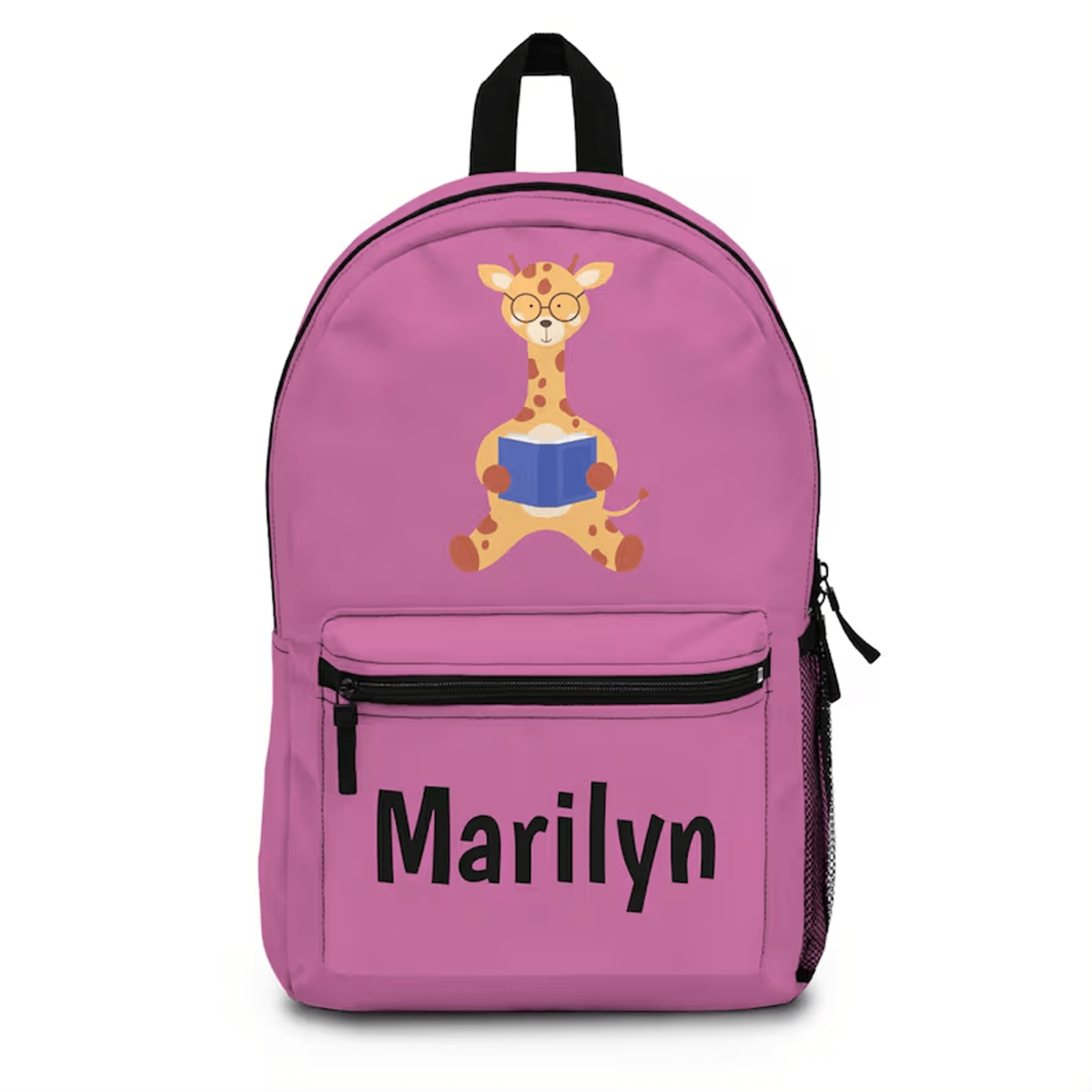 personalized giraffe backpack for kids, custom name school bookbag, cute safari animal preschool bag, back to school gif