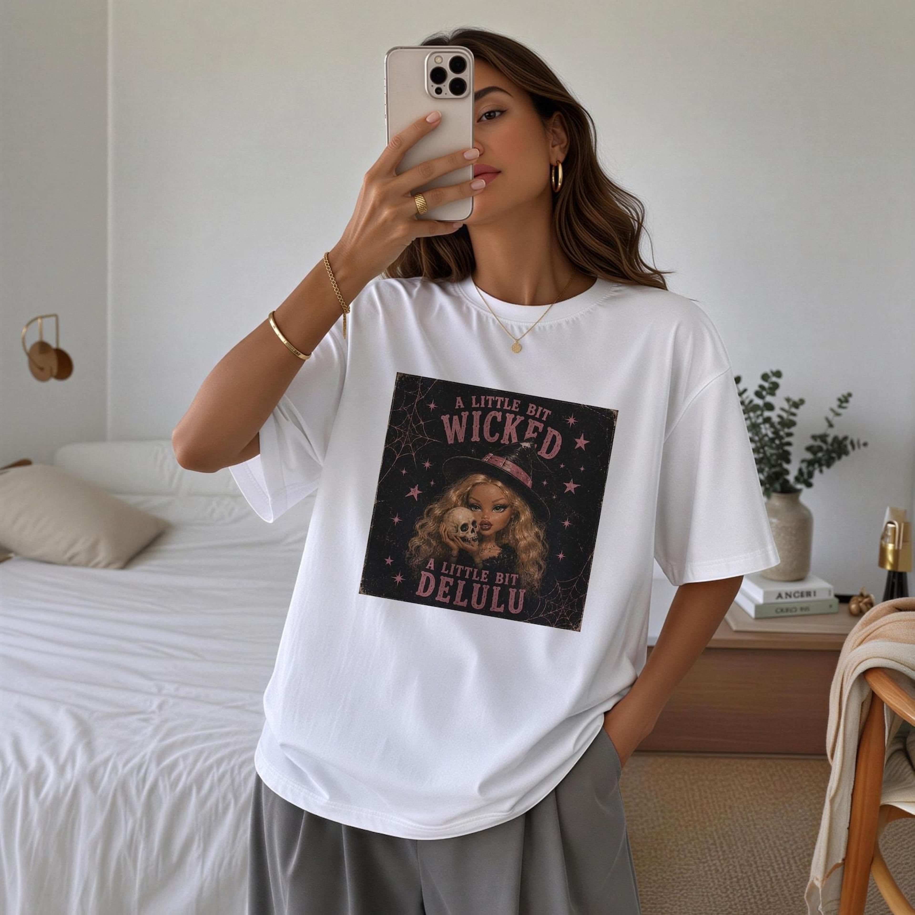 a little bit wicked delulu halloween shirt, funny witch comfort colors tee, y2k spooky graphic shirt, gift for her