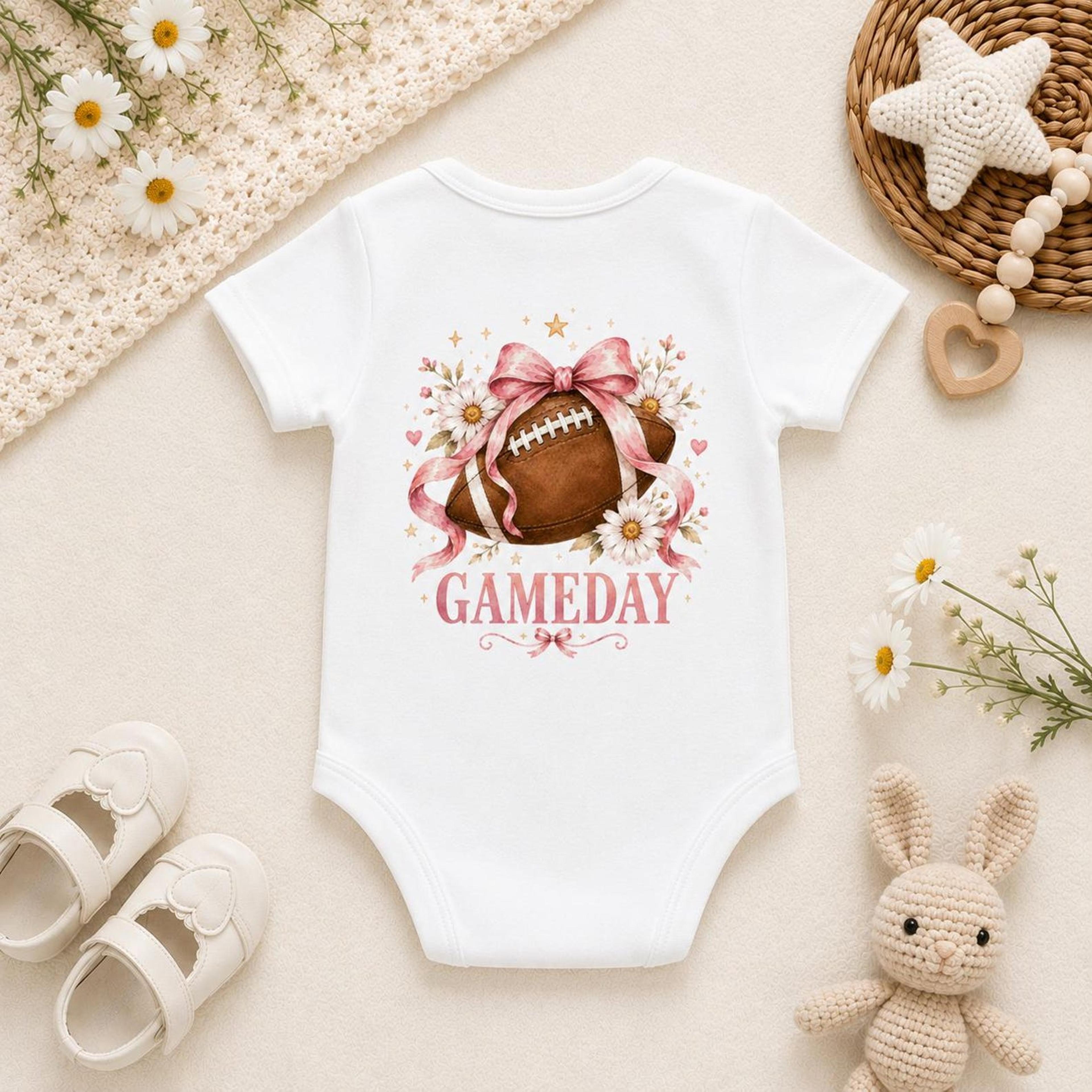 personalized football baby bodysuit, custom name gameday onesie, pink bow baby girl football outfit, baby shower gift