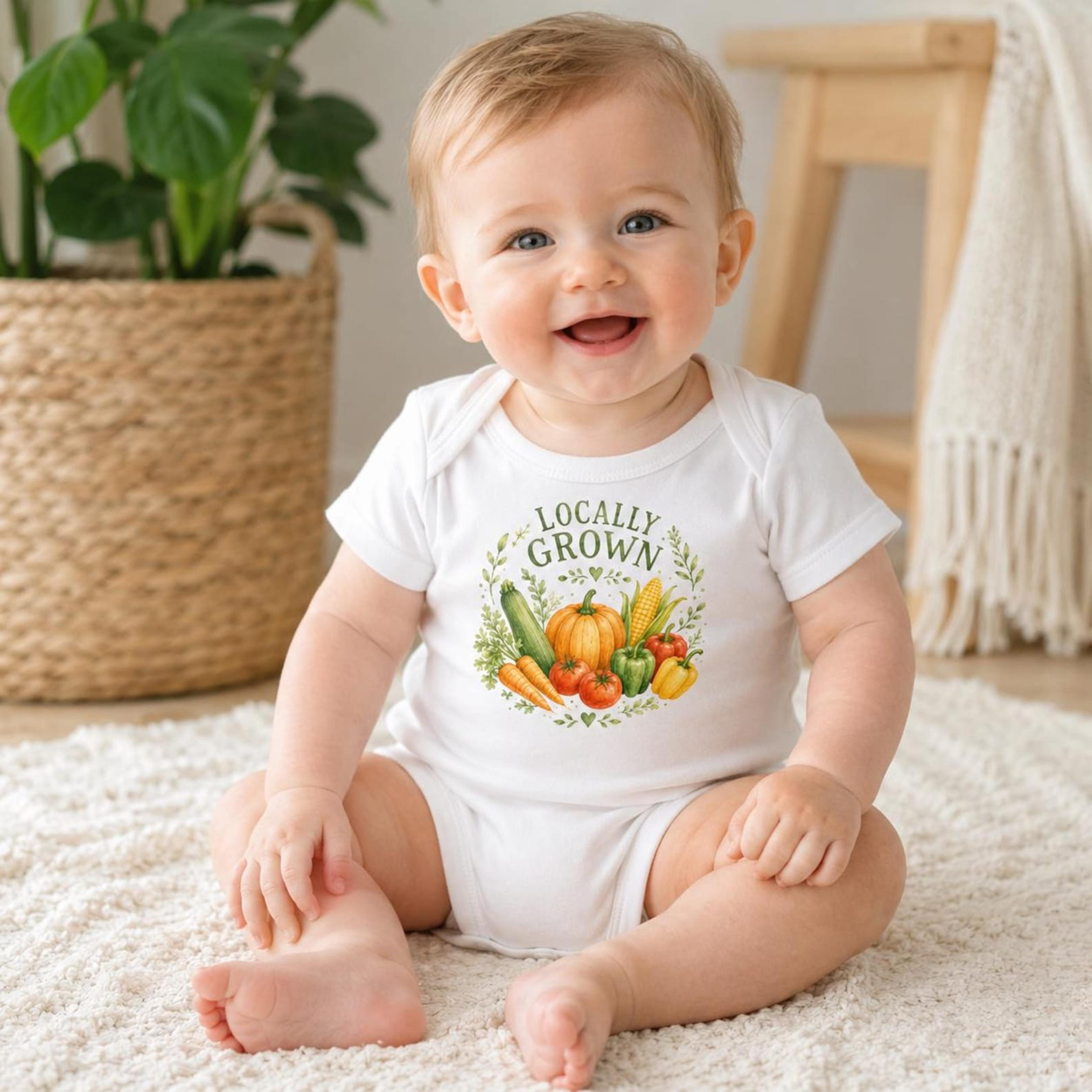 locally grown baby bodysuit, carrot farm baby onesie, little farmer newborn outfit, farmers market baby shower gift