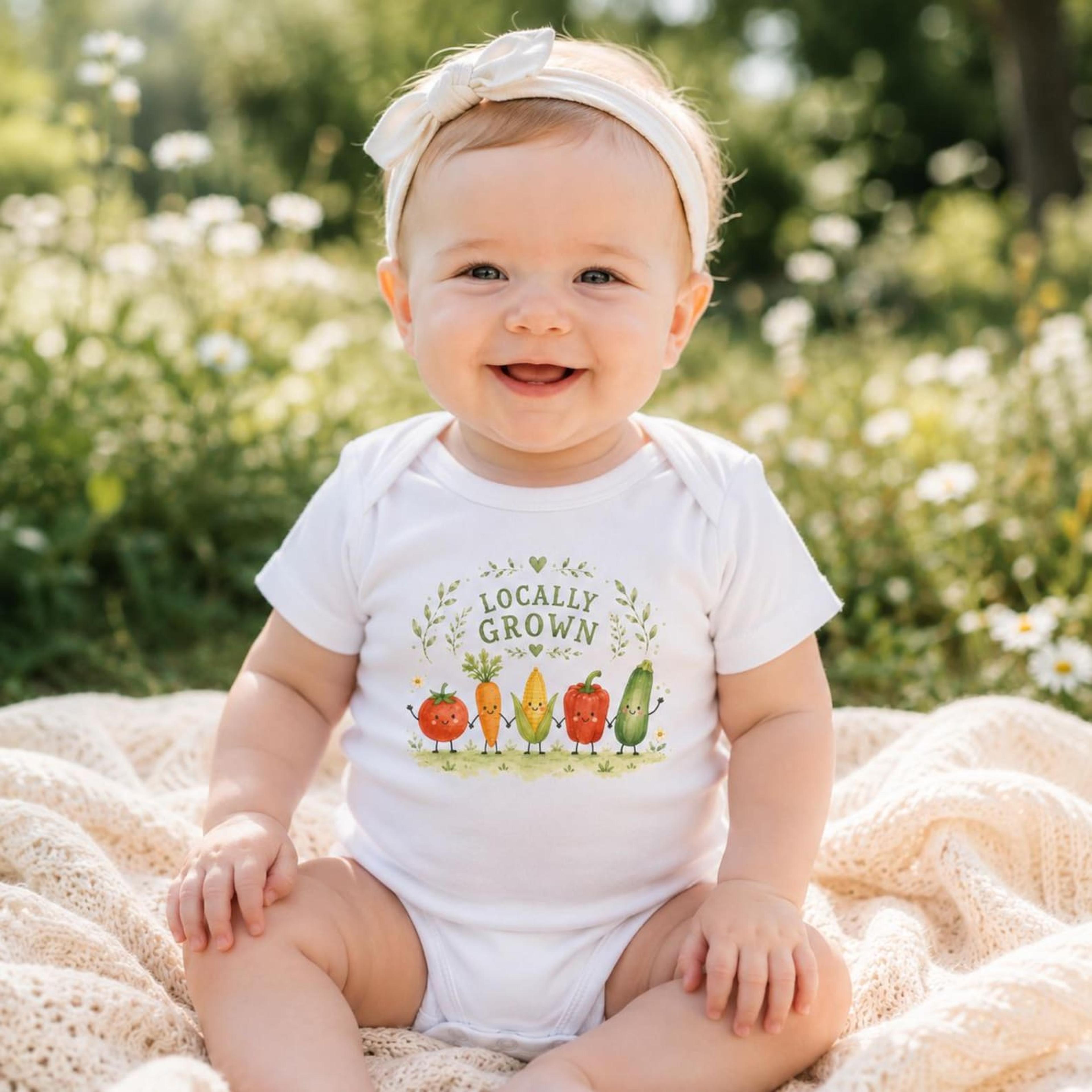 locally grown baby bodysuit, farm vegetable baby onesie, garden newborn outfit, little farmer baby shower gift