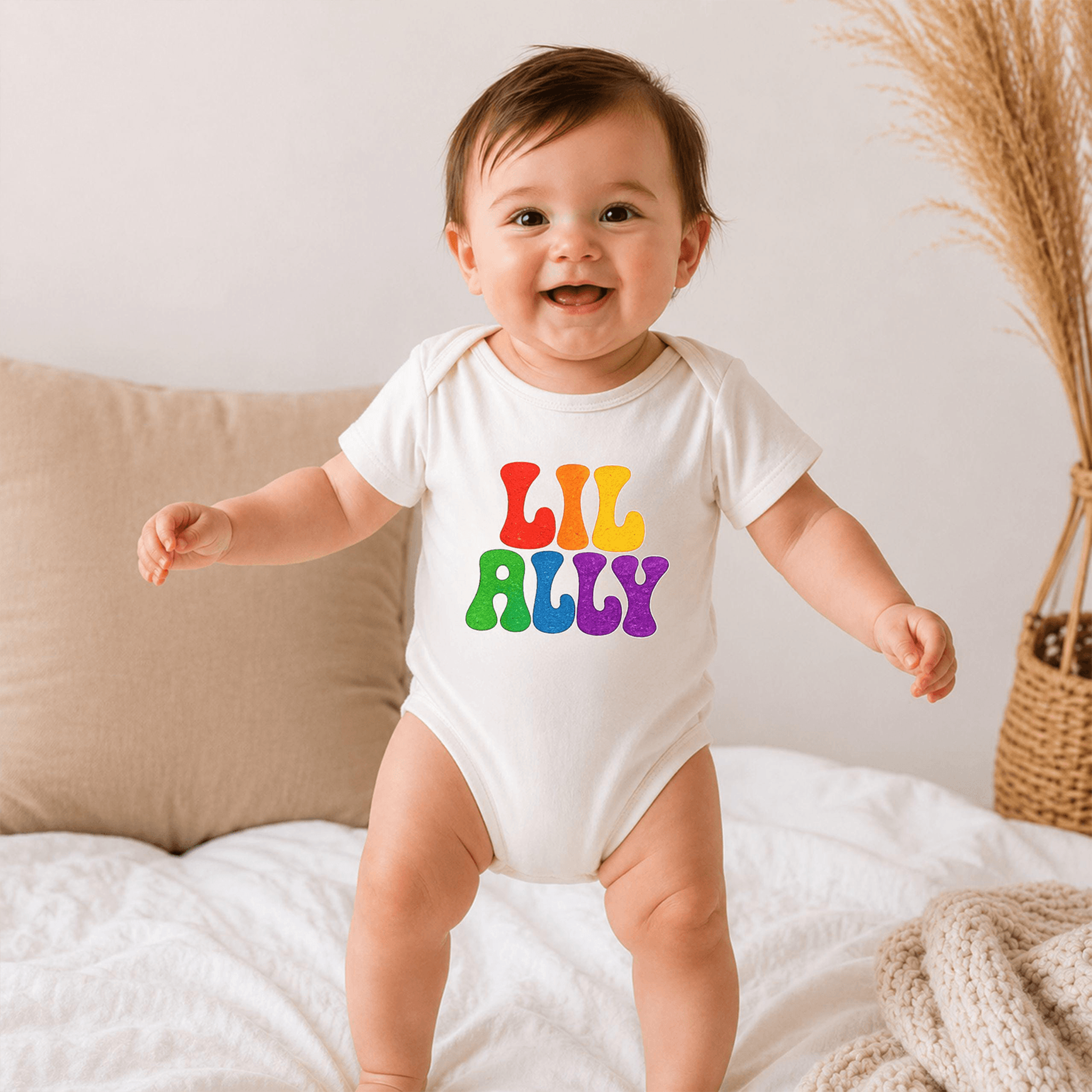 lil ally pride baby bodysuit, lgbt rainbow onesie, lgbtq pride month infant outfit, inclusive newborn baby gift