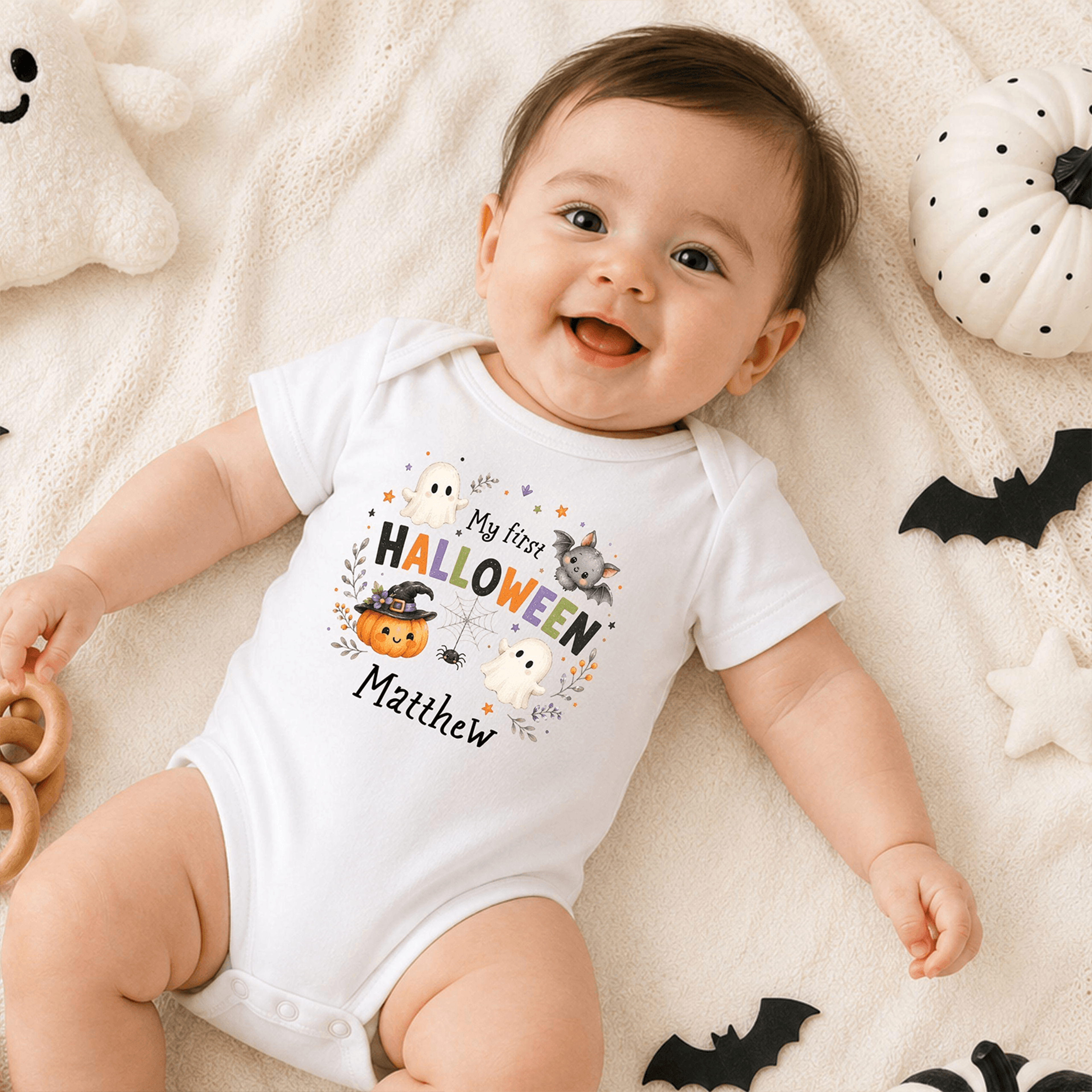 personalized my first halloween baby bodysuit, custom name ghost pumpkin onesie, cute newborn halloween outfit