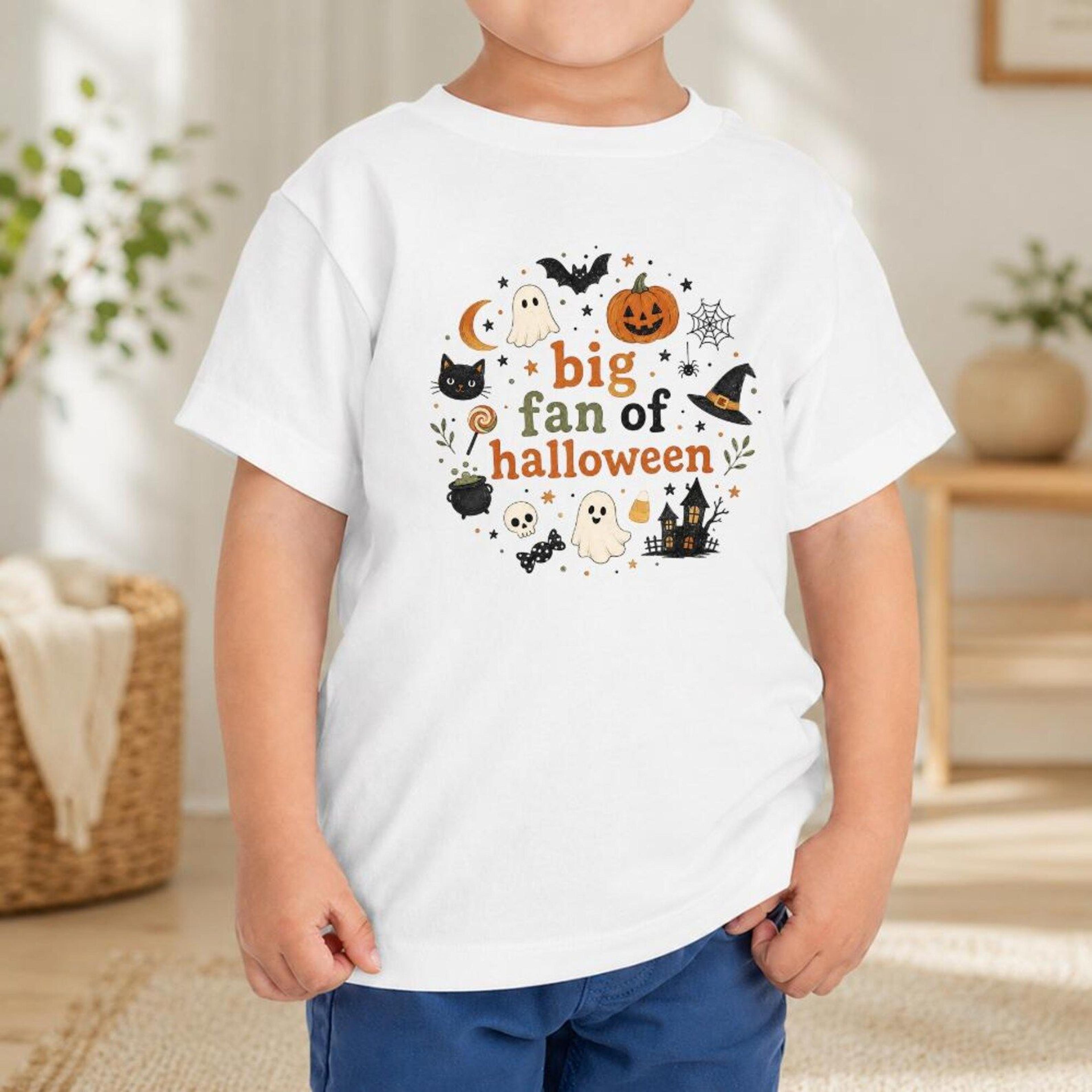 big fan of halloween toddler shirt, cute ghost pumpkin kids tee, black cat spooky season halloween t-shirt for kids
