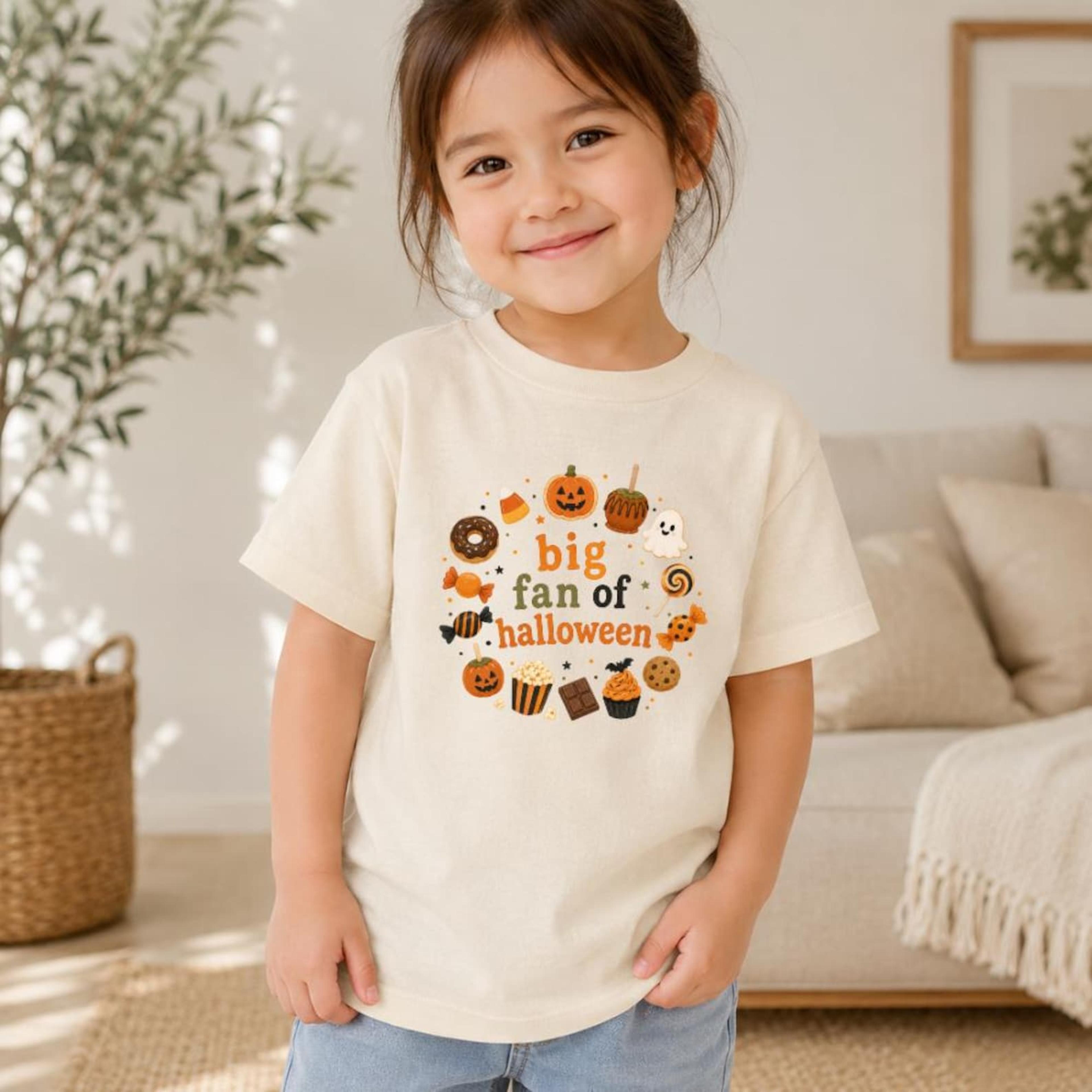 big fan of halloween toddler shirt, halloween candy kids tee, cute ghost pumpkin spooky season t-shirt for kids
