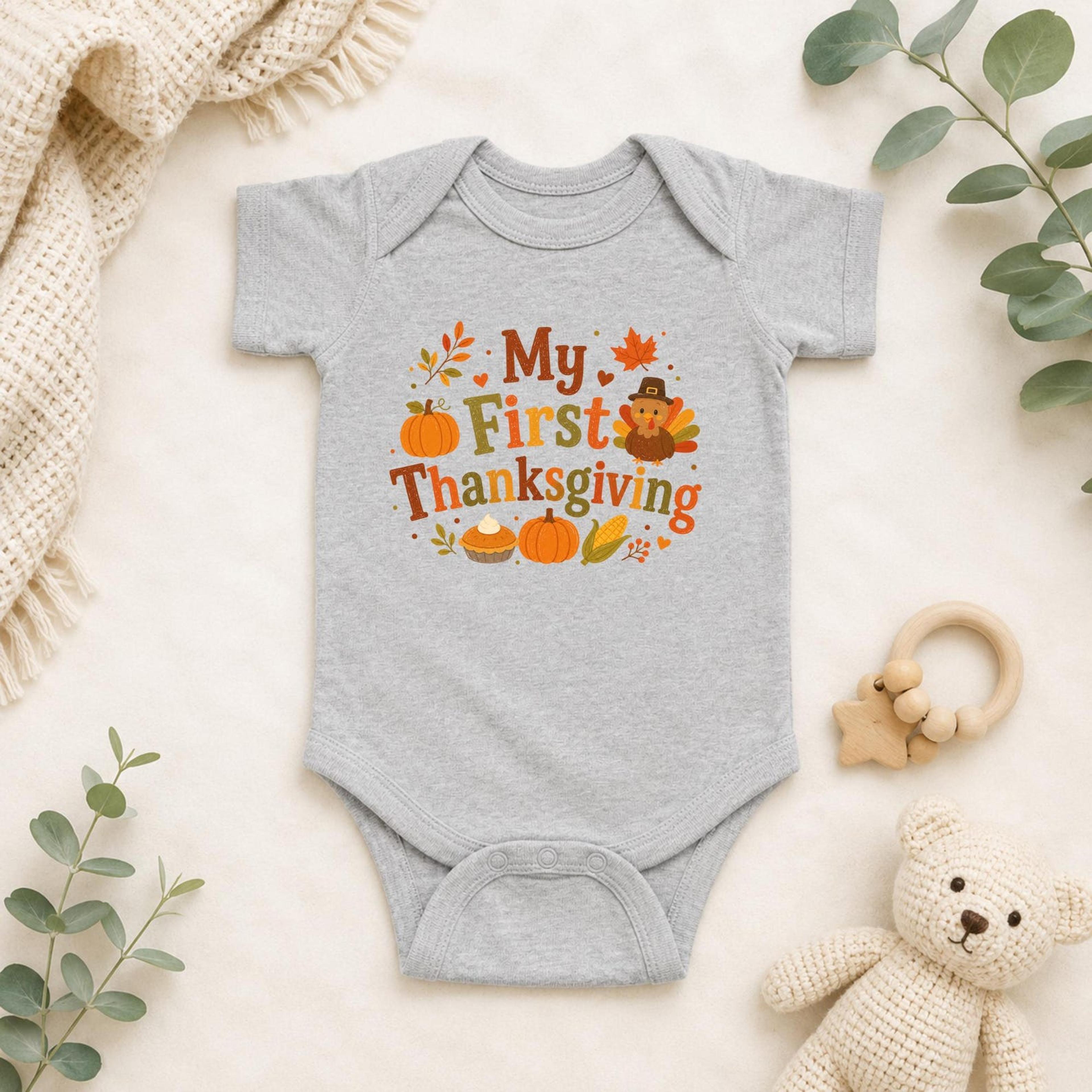 my first thanksgiving baby bodysuit, cute turkey pumpkin onesie, fall newborn outfit, thanksgiving baby gift