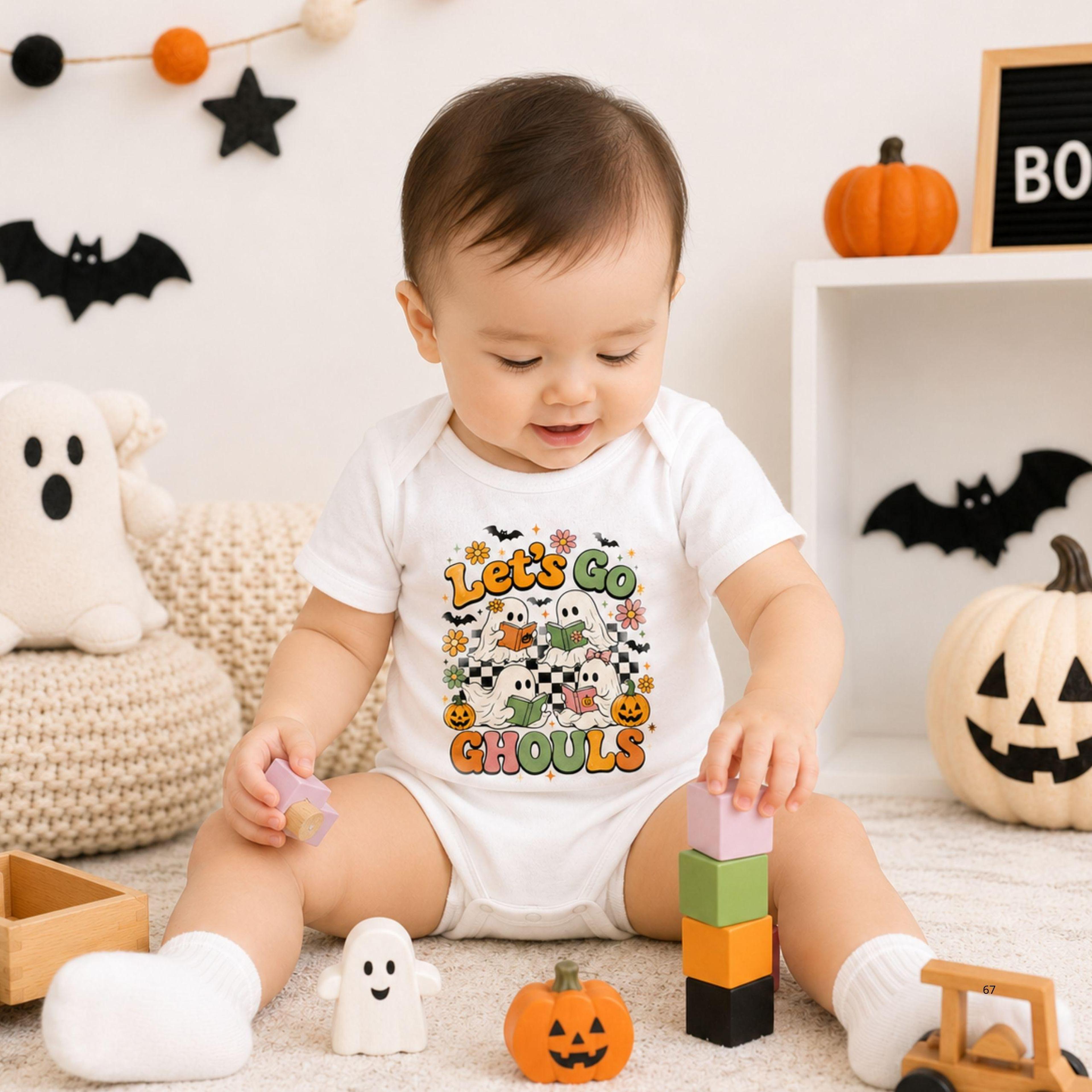 lets go ghouls baby onesie, cute ghost halloween bodysuit, spooky baby girl outfit, pink bow halloween newborn gift