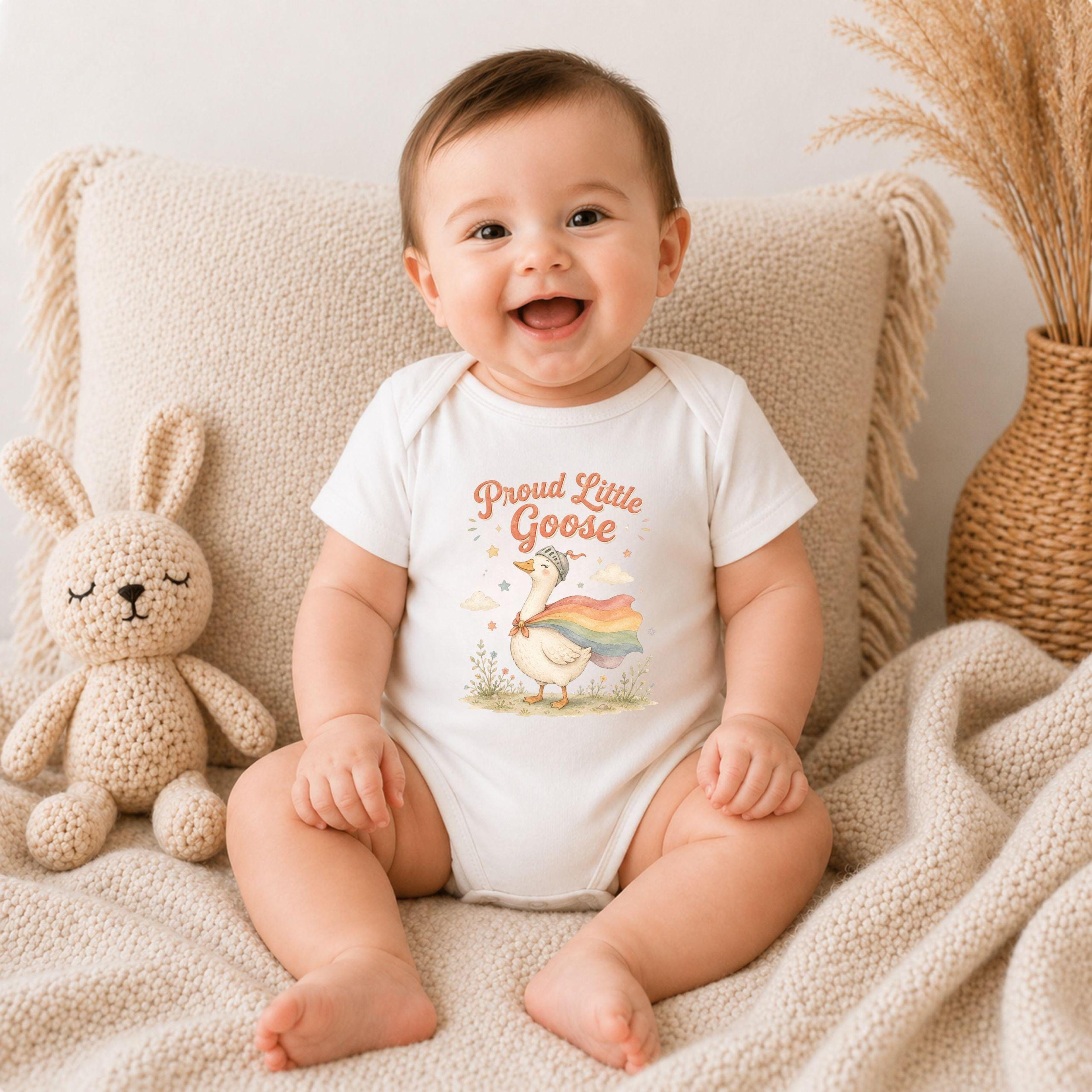 proud little goose baby onesie, rainbow pride bodysuit, lgbt pride month infant outfit, cute inclusive newborn gift