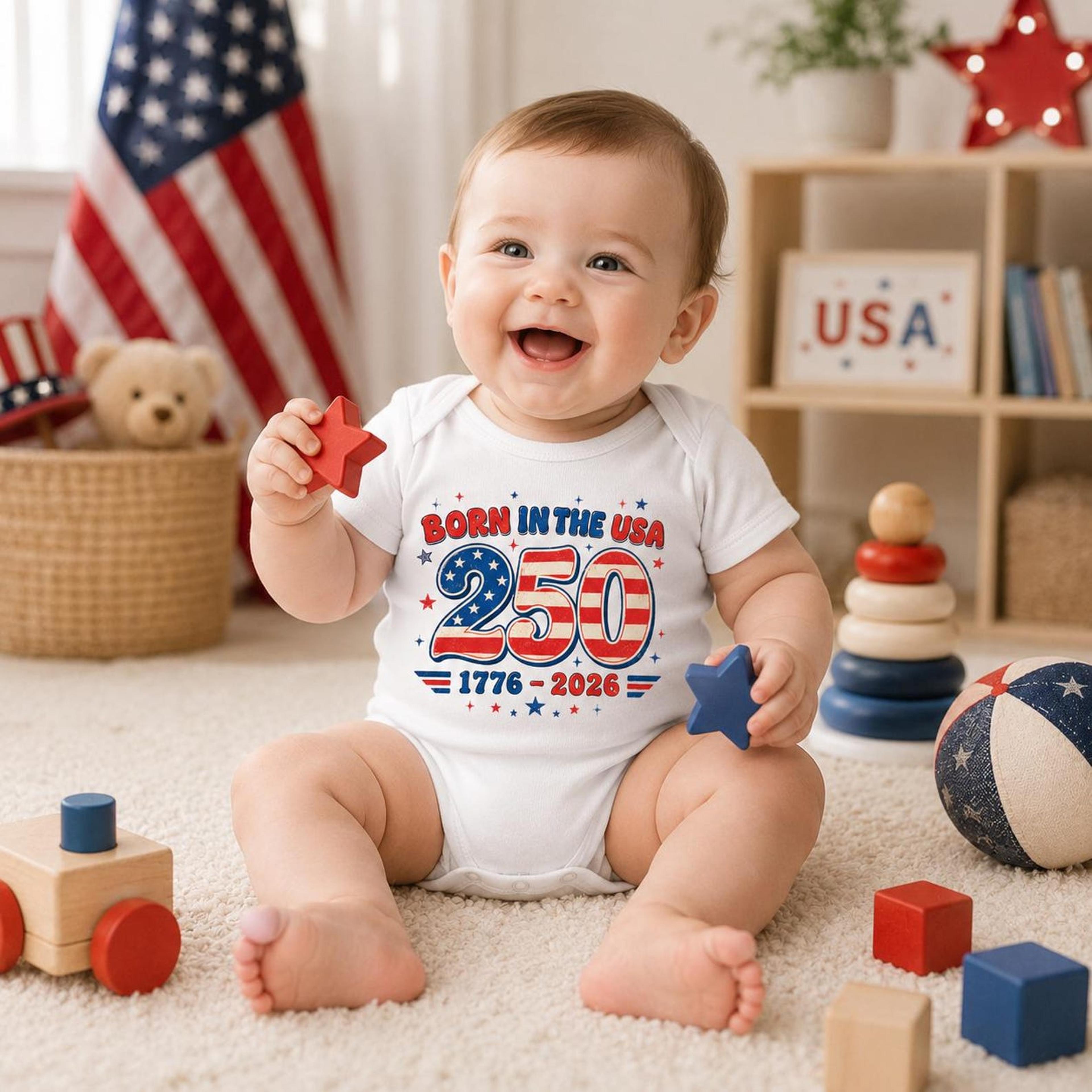 born in the usa 250 baby onesie, america 250th anniversary bodysuit, retro patriotic 4th of july newborn outfit