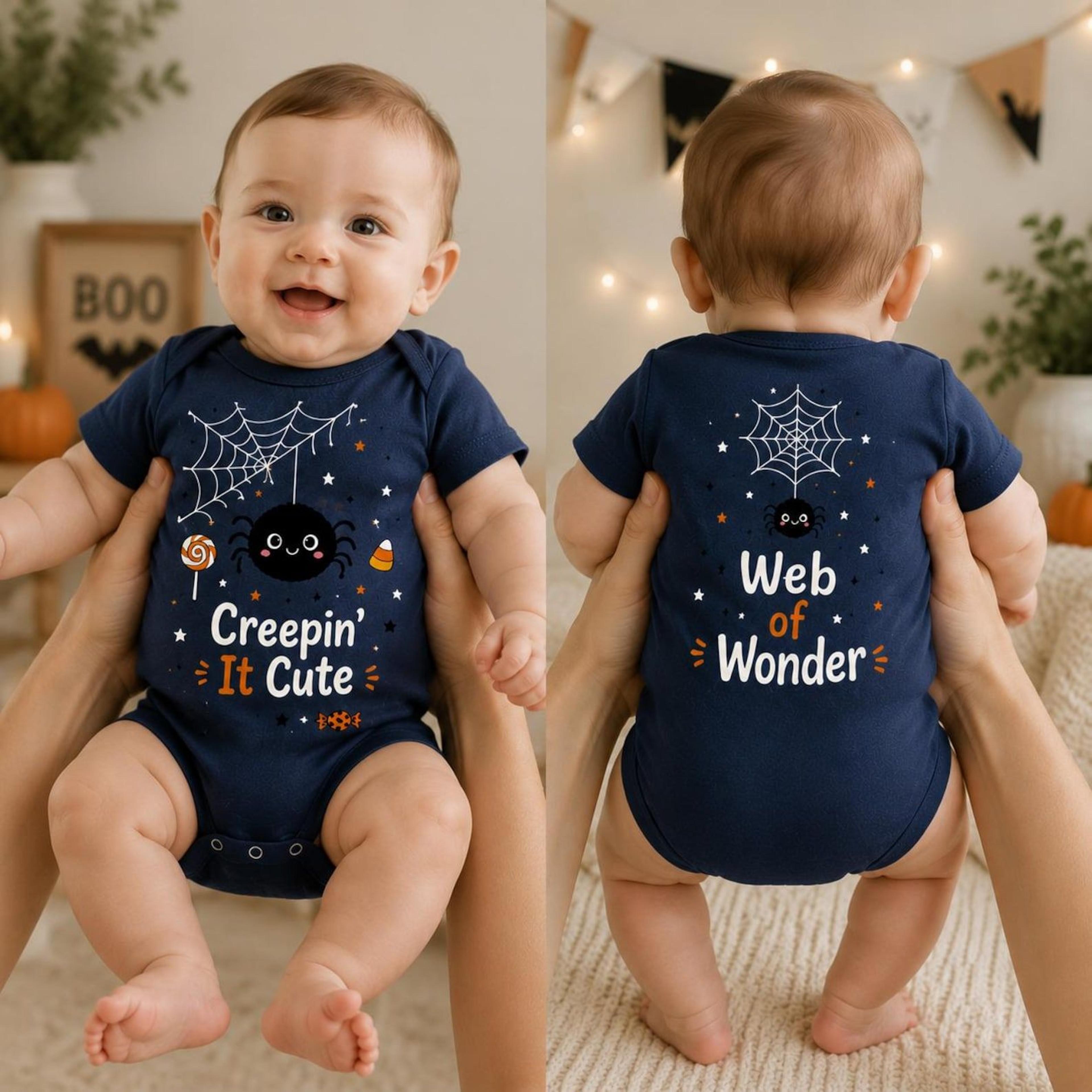 creepin it cute halloween baby bodysuit, cute spider onesie, web of wonder newborn outfit, first halloween baby gift
