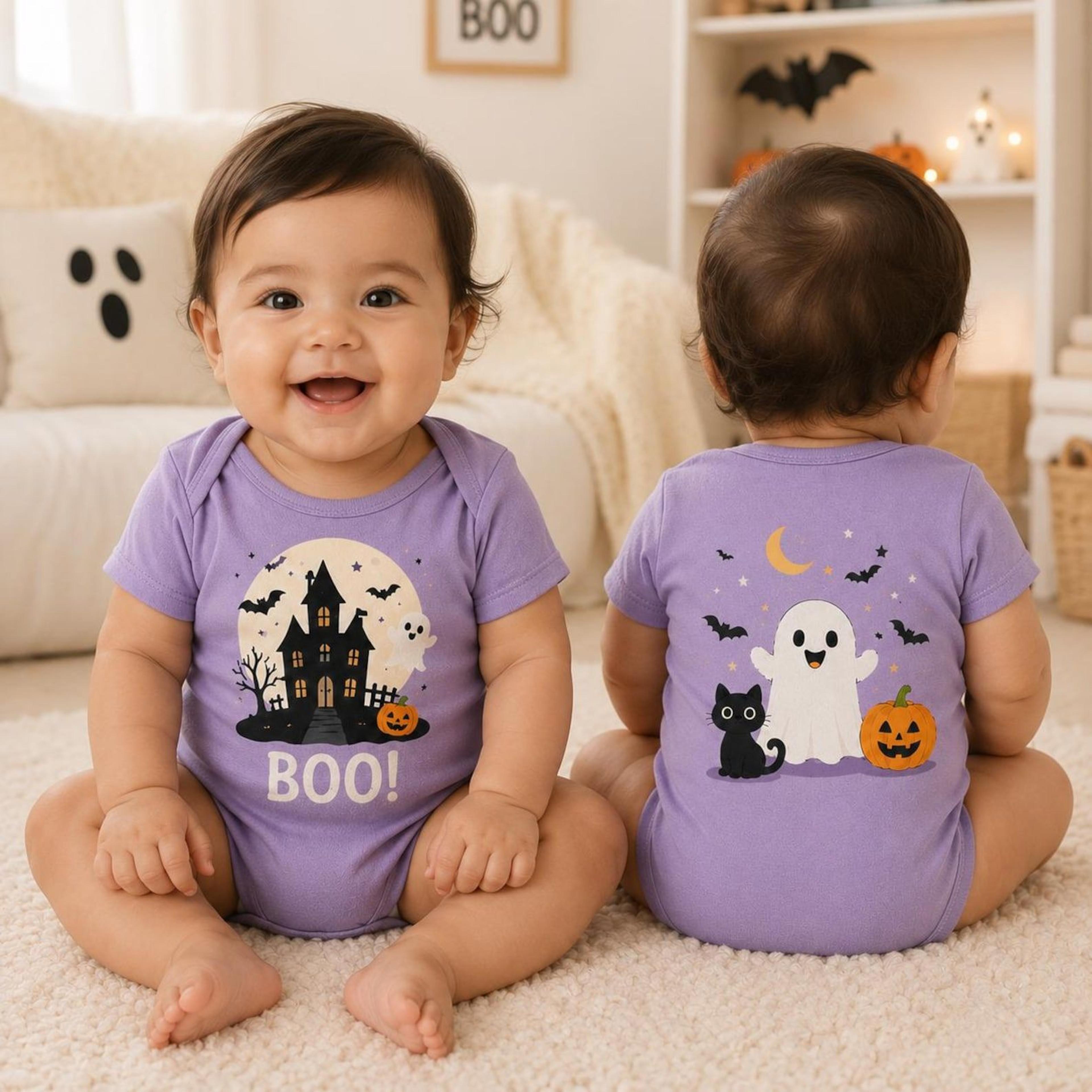 purple halloween baby bodysuit, cute ghost haunted house onesie, pumpkin black cat newborn outfit, spooky baby gift