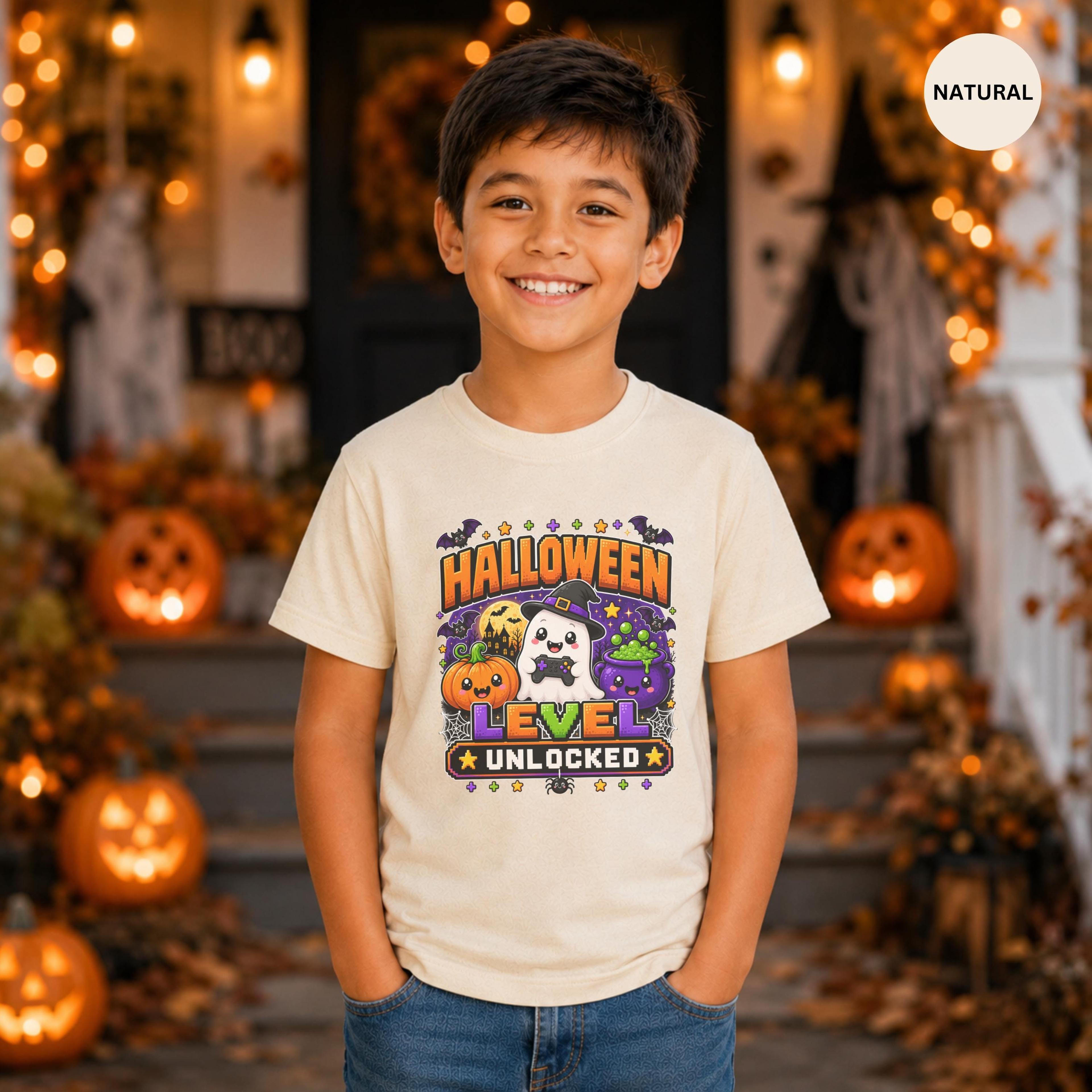 halloween level unlocked gamer shirt, kids gaming halloween tee, ghost pumpkin video game t-shirt, spooky gamer gift