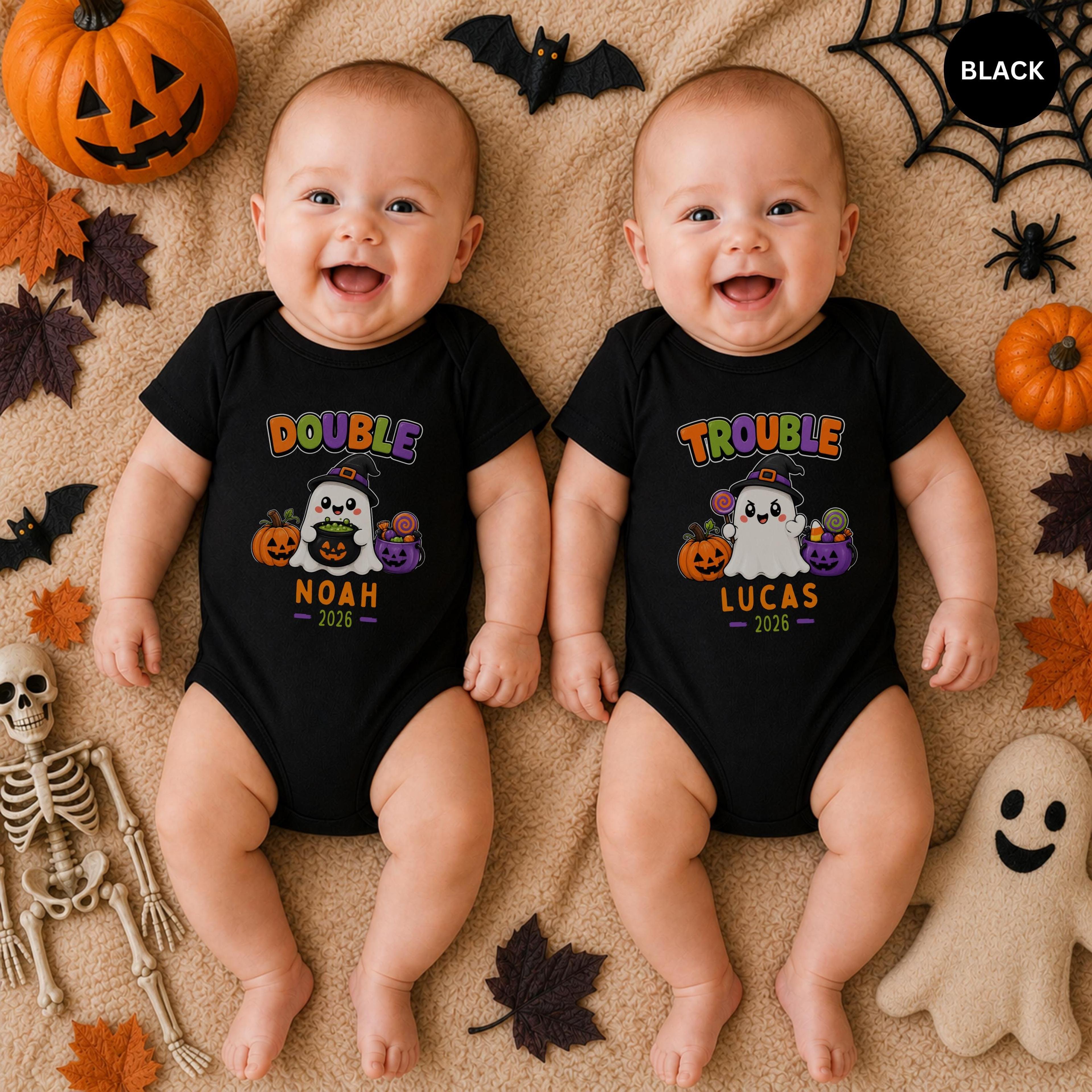 personalized twin baby halloween bodysuit, double trouble matching onesie, custom name ghost pumpkin sibling outfit