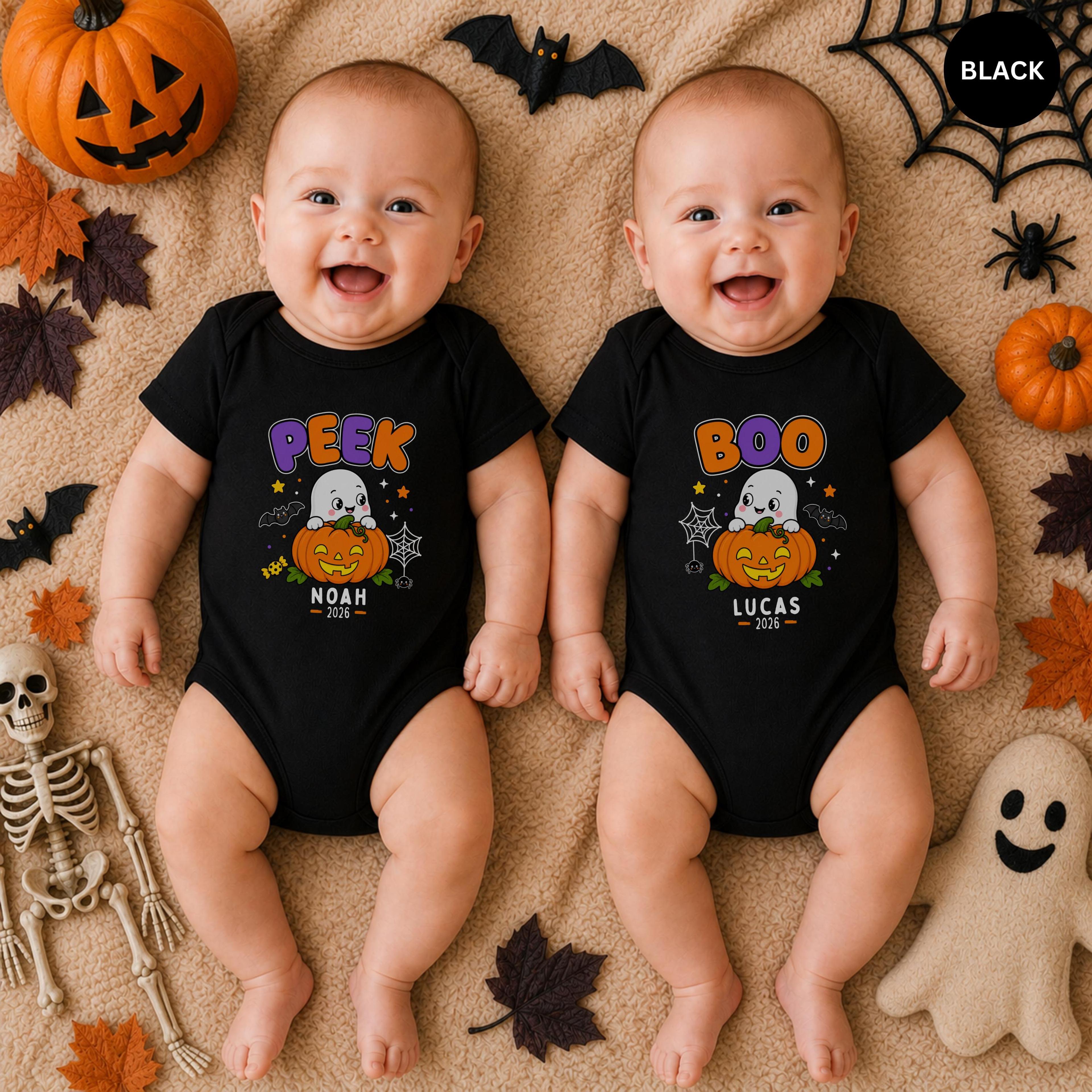 personalized peek & boo twin baby onesies, matching halloween ghost bodysuits, custom name pumpkin sibling outfits