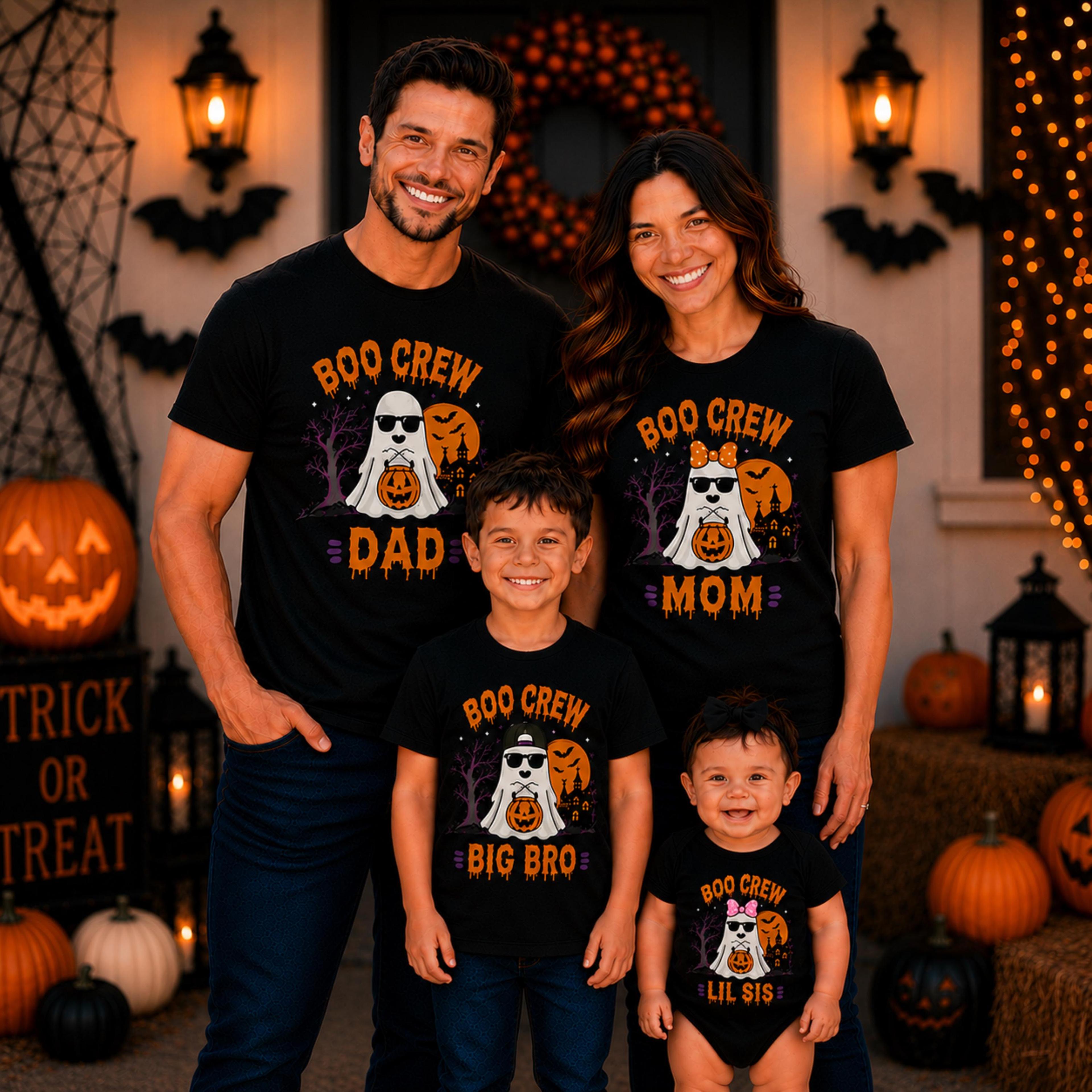 boo crew family halloween shirts, matching ghost tees for mom dad kids, spooky family outfit, halloween group shirts