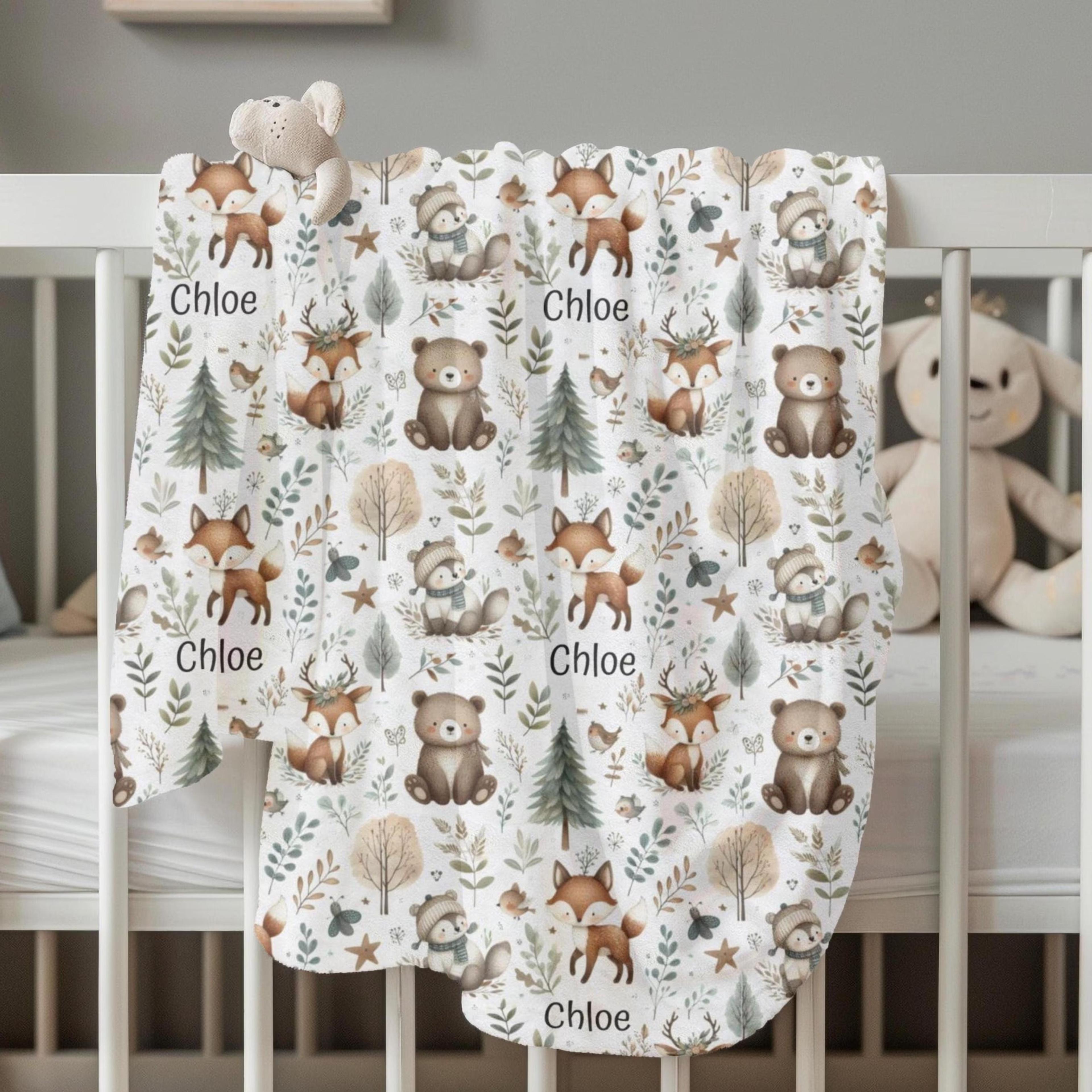 personalized baby sherpa blanket woodland animals | custom name baby blanket | soft fleece nursery blanket | baby shower