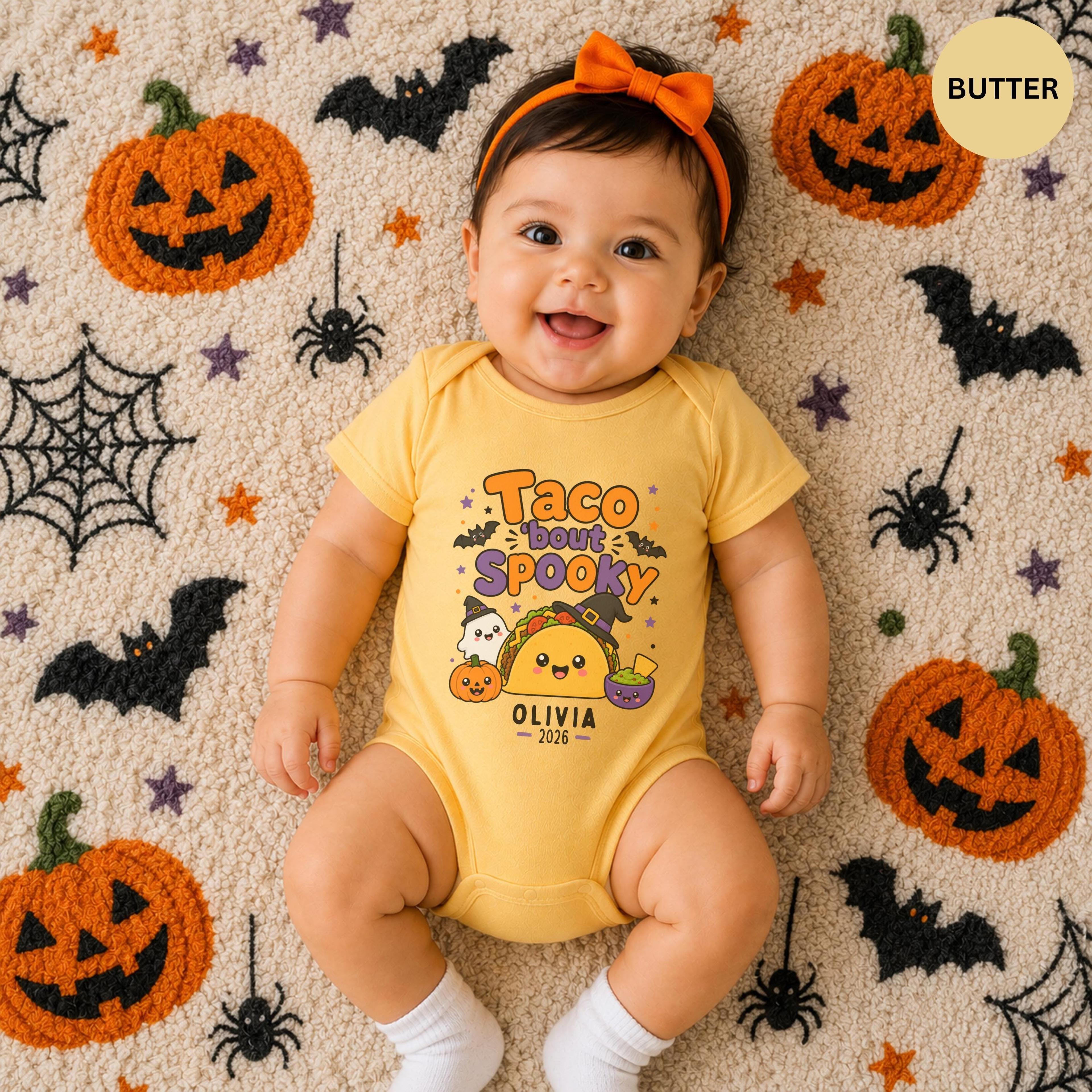 personalized taco halloween baby bodysuit, taco bout spooky custom name onesie, cute ghost pumpkin newborn outfit