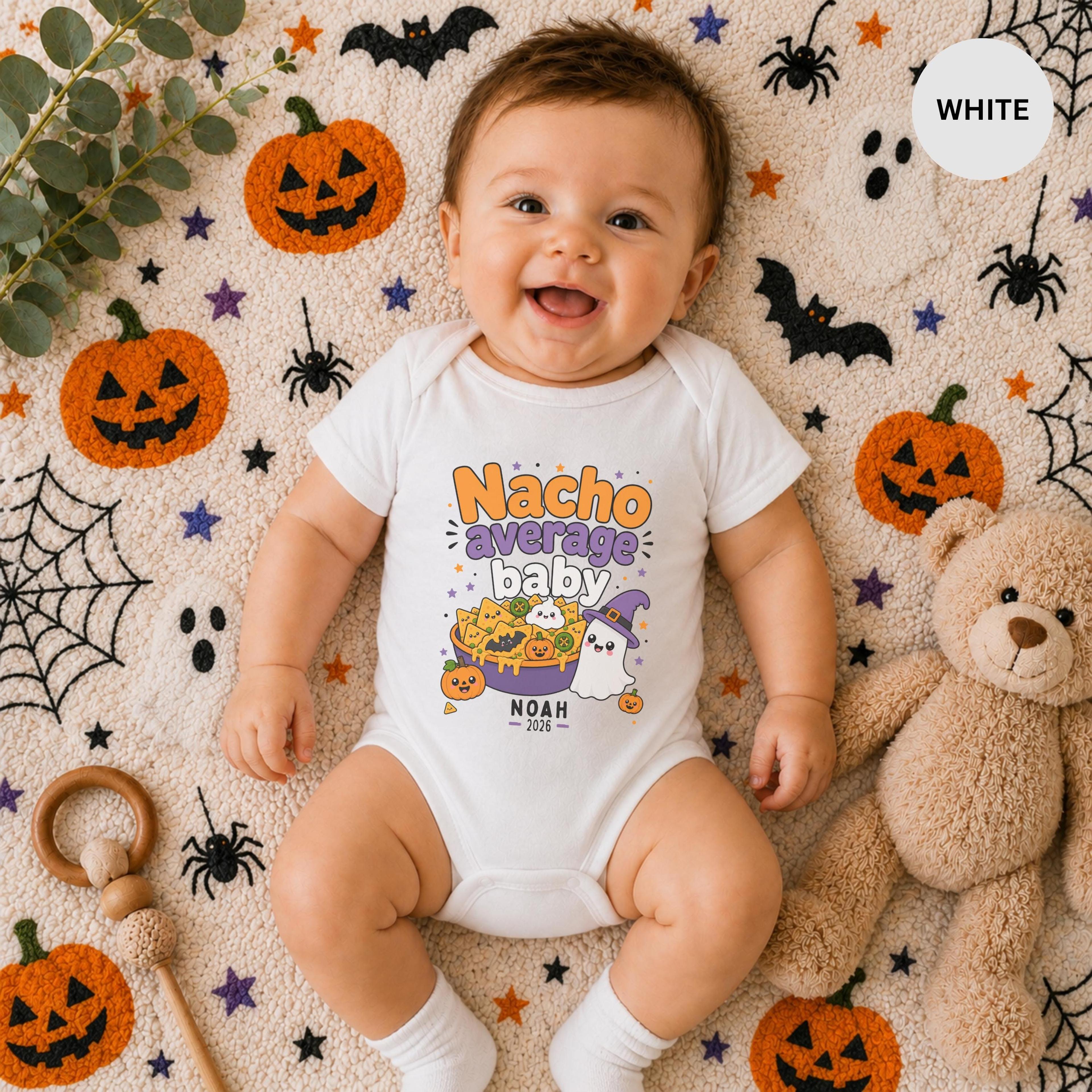 personalized nacho average baby halloween bodysuit, custom name ghost witch onesie, funny pumpkin newborn baby outfit