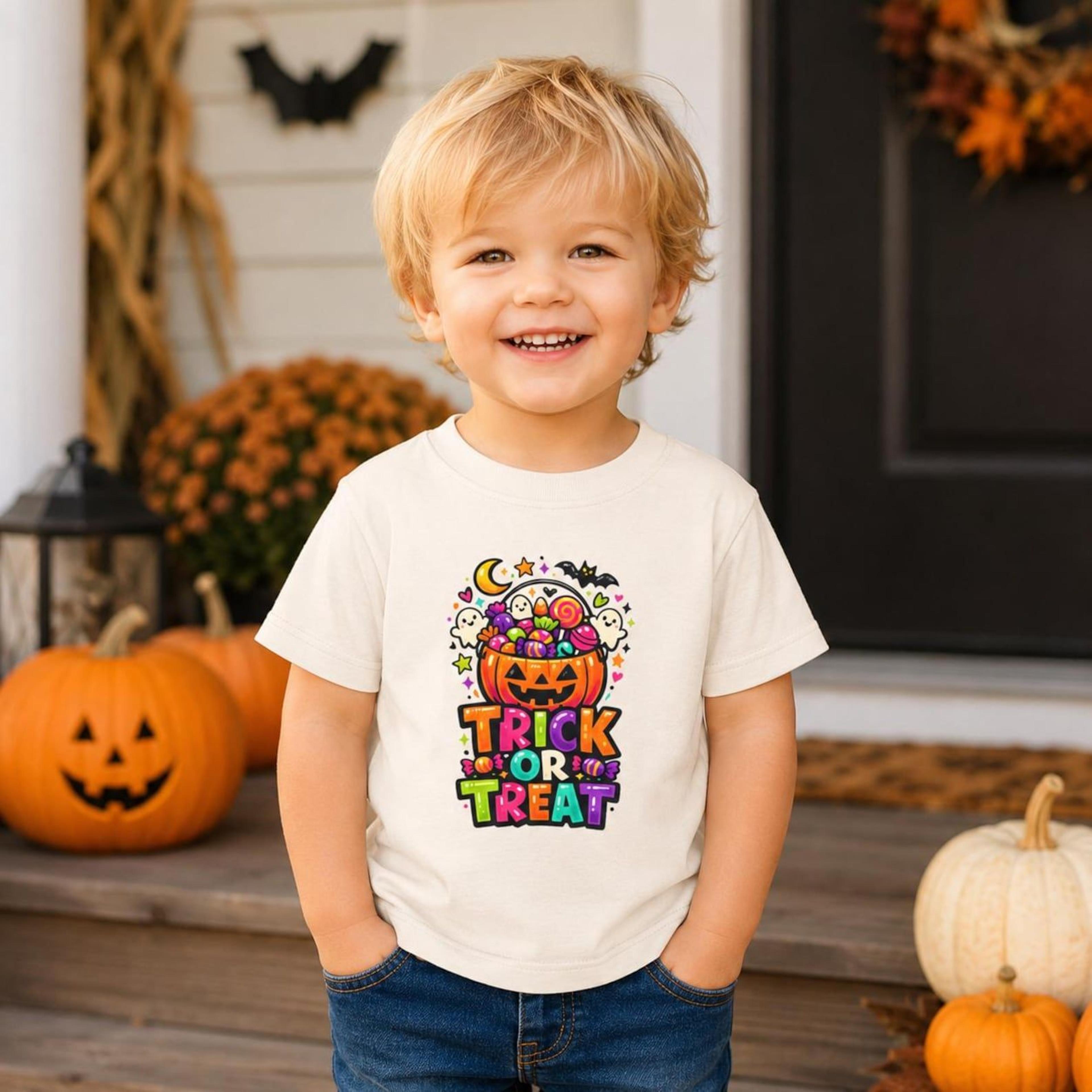 trick or treat kids halloween shirt, cute pumpkin candy ghost toddler tee, boys girls spooky season fall outfit