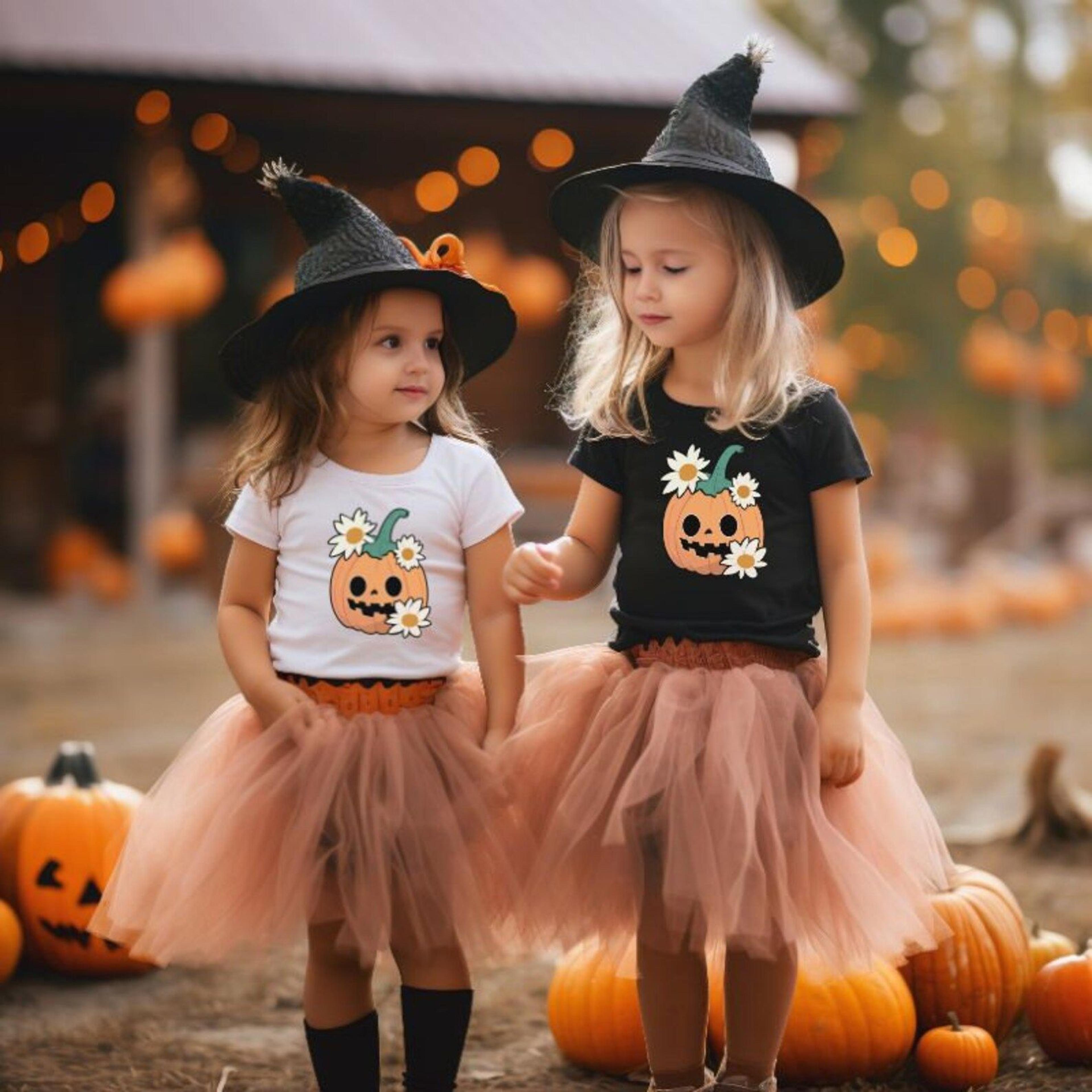 pumpkin flower kids halloween t-shirt, matching sibling toddler tee, cute daisy pumpkin fall shirt, family halloween out